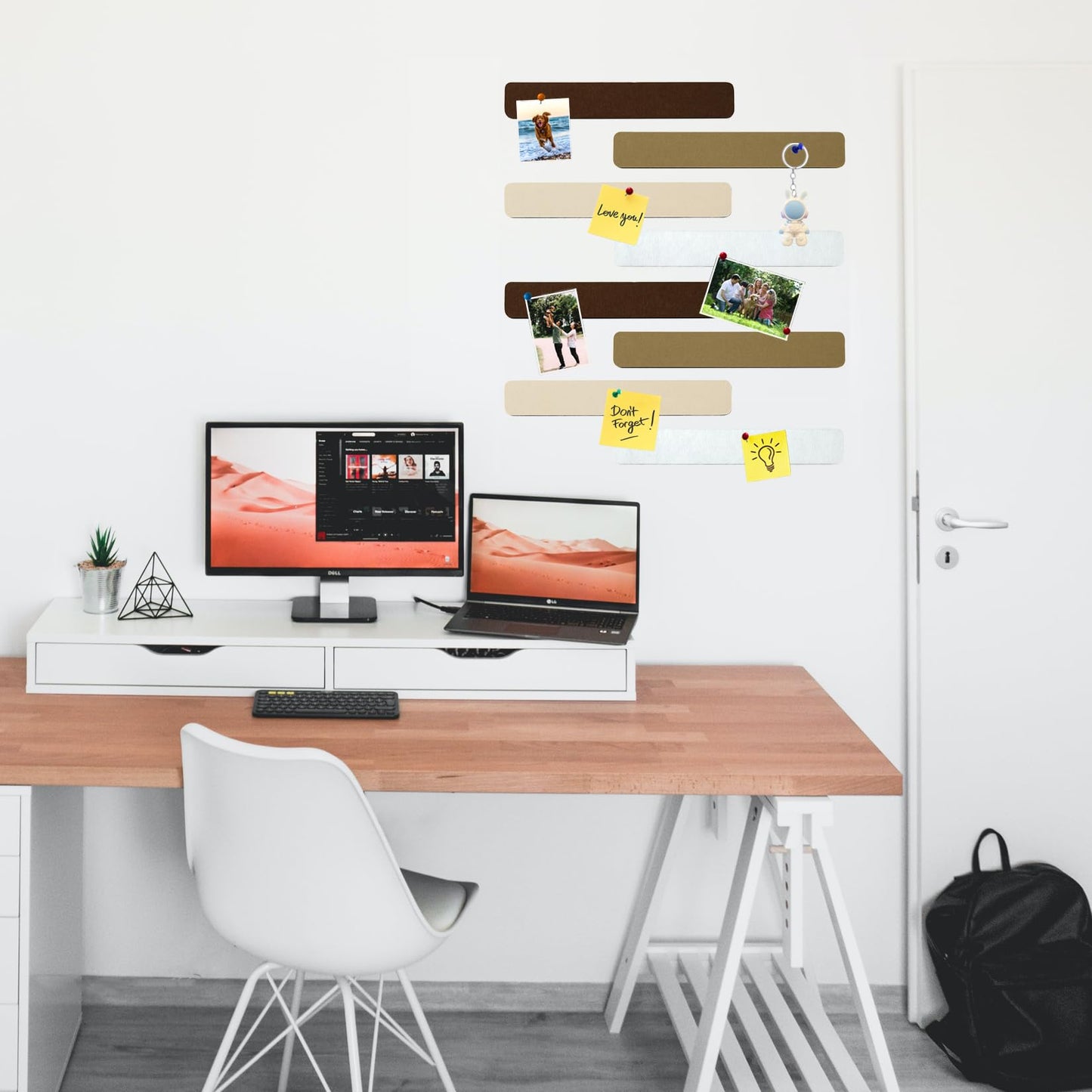 HULAVO 8Pcs Rectangle Felt Cork Board Bar Strips with 35 Pushpins, Self-Adhesive Bulletin Board Strips for Office School Home Wall Decor Stickers Memos Schedules Photos Display -Gradual Brown