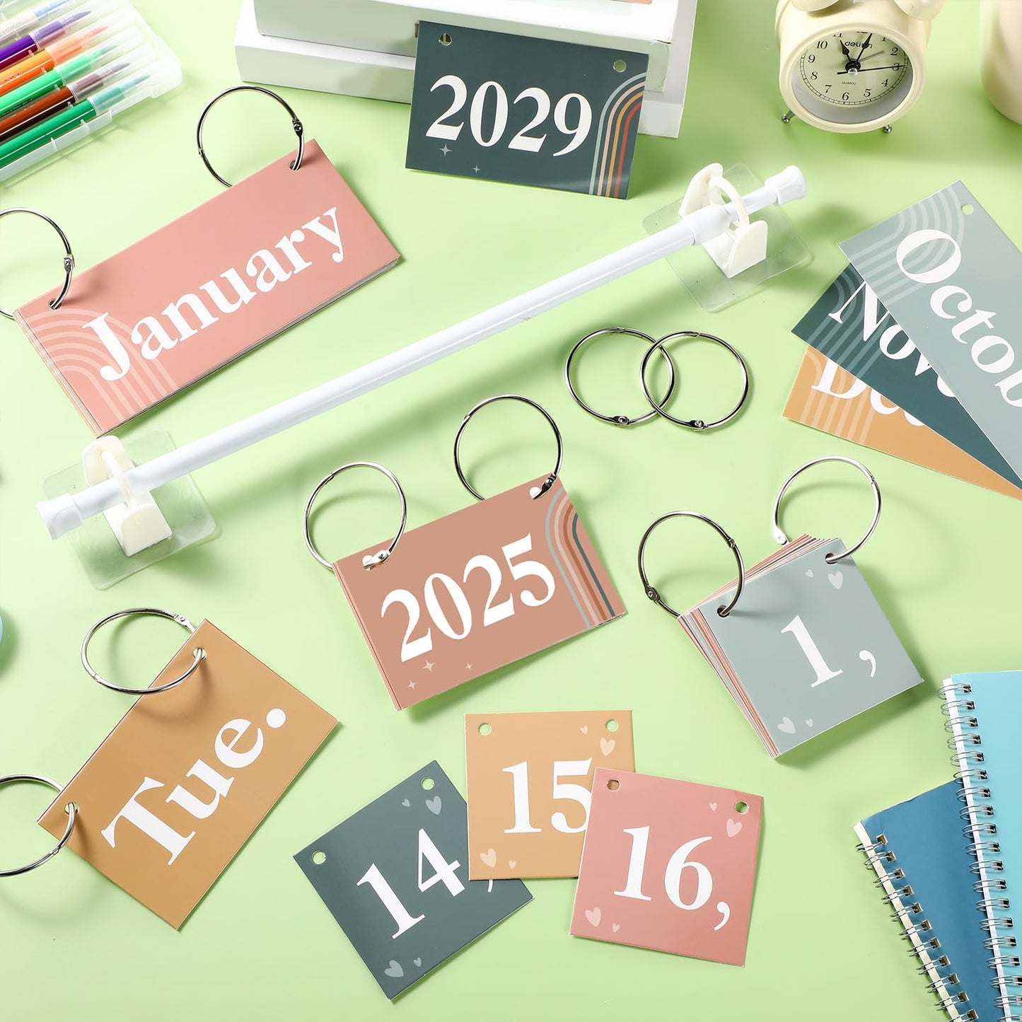 Containlol 56 Pcs Modern Boho Calendar Set Rainbow Flip Calendar with Holder Boho Classroom Decoration Cards Adjustable Rod Holder for Back to School Supplies