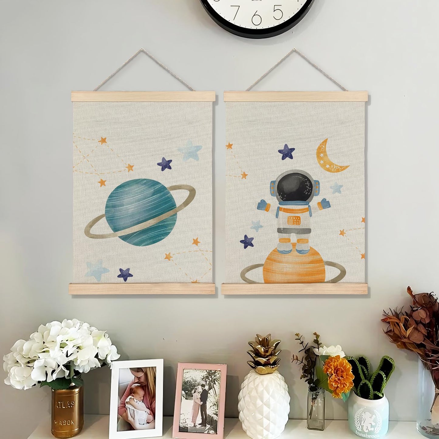 BearCake Space Nursery Decor, Solar System Plants Spaceman Wall Art Poster Hanger Frame, Space Canvas Prints Framed Wall Decor for Classroom Toddler Boys Room Nursery Playroom, 12x16 Inch Set of 2