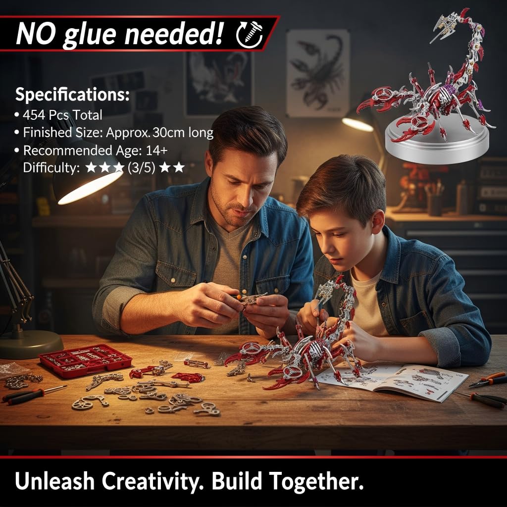 Scorpion 3D Metal Puzzles for Adults, 454PCS Stainless Steel DIY Mechanical Model Kit, No Glue Assembly with Movable Joints, Challenging Metal Building Kit Desk Decor Gift (Black-Glod)