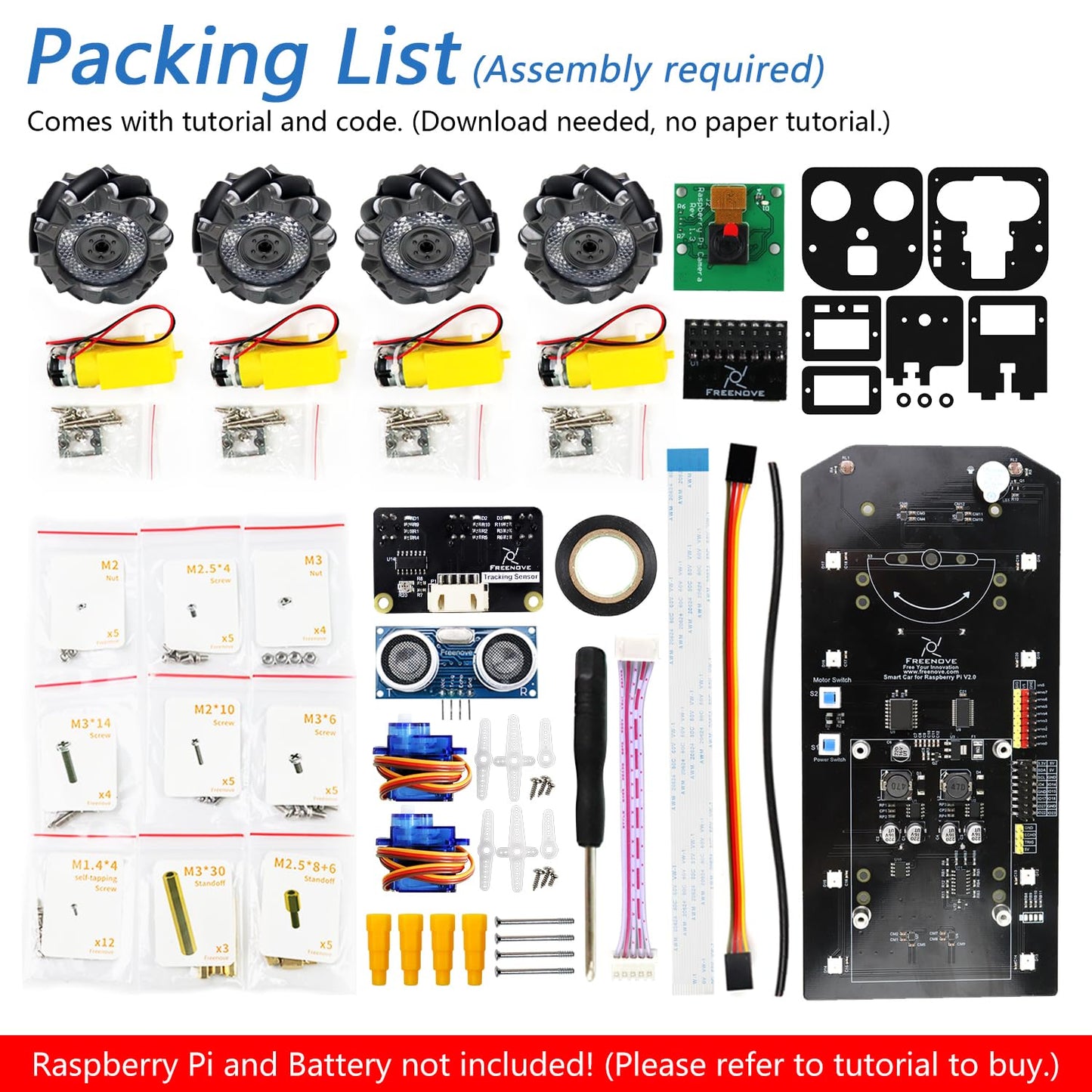 Freenove Mecanum Wheel Car Kit for Raspberry Pi 5 4 B 3 B+ Zero 2 W, Face Tracking, Line Tracking, Light Tracing, Obstacle Avoidance, App Control, Camera, Servo (Raspberry Pi NOT Included)