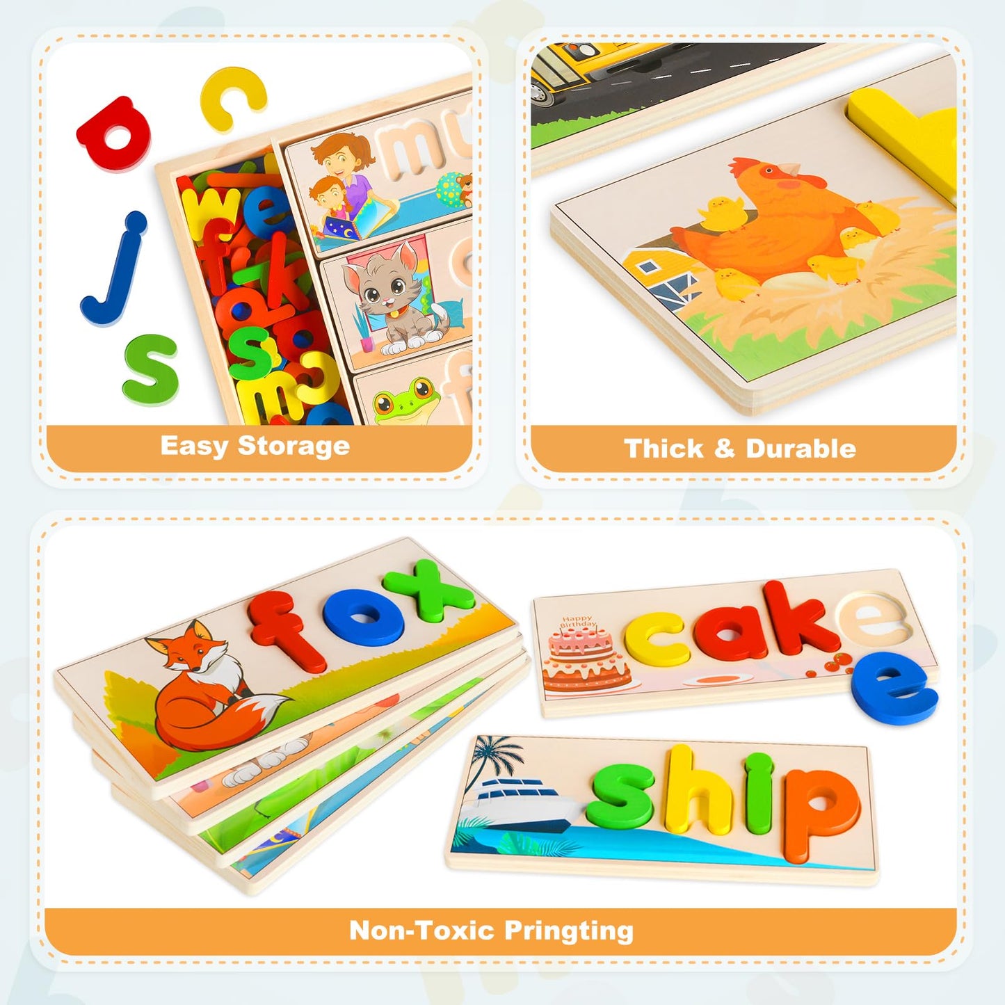 Wooden See & Spell Learning Toys for 2 3 4 5 Year Old Kids, Preschool Learning Activities Alphabet Flash Cards, Educational Match Letter Game Board, CVC Word Builder Montessori Toys Gifts for Boy Girl