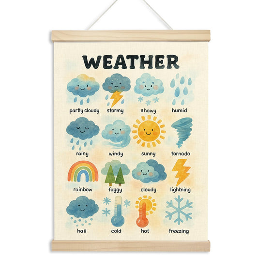 Xmsaitar Cute Classroom Weather Poster Hanger Frame Wall Decor, Nursery Kids Prints for Wall Hanging Decor Art, Watercolor Educational Pictures Banner for Toddler Room Dorm Playroom 12x16in