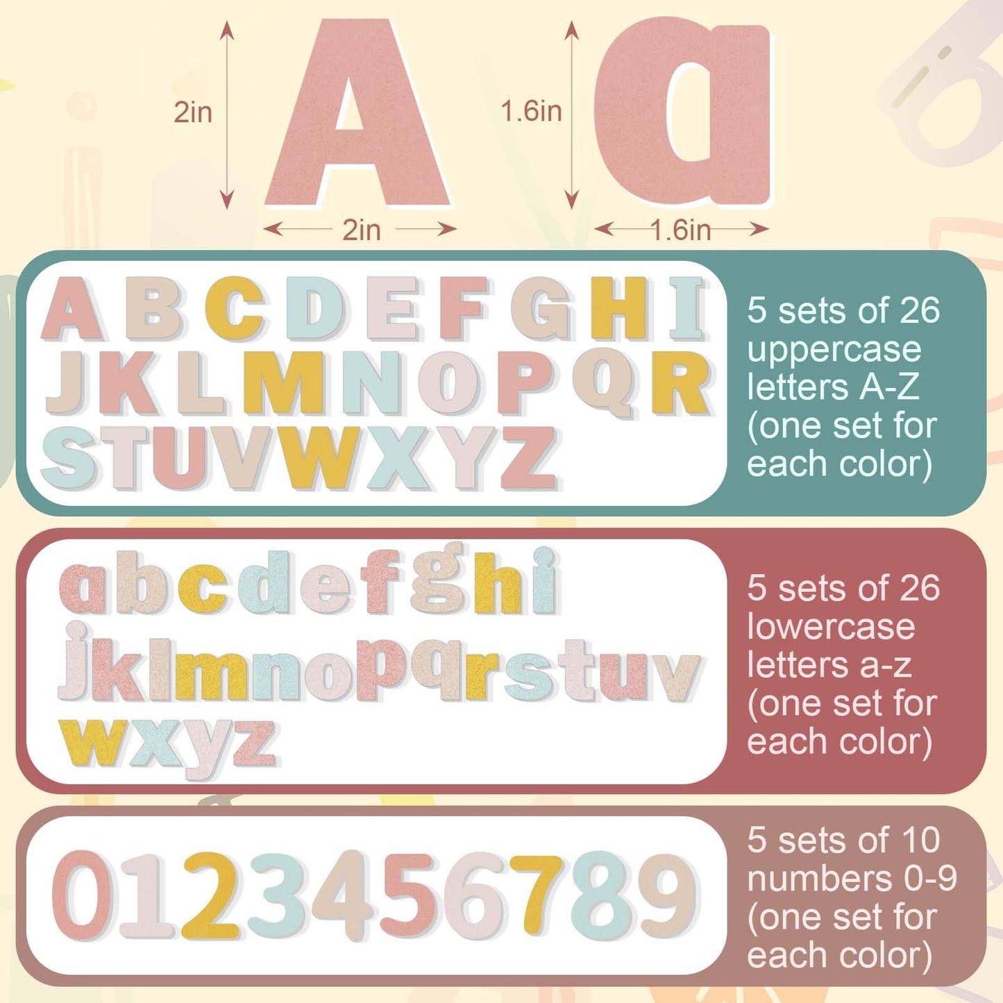 Breling 310 Pieces Felt Letter Bulletin Board Letters Sticker with Number 2" Bulk Self Adhesive ABC Upper Lowercase Sticky Letter for Xmas Gift Bulletin Board Classroom(Boho Color)