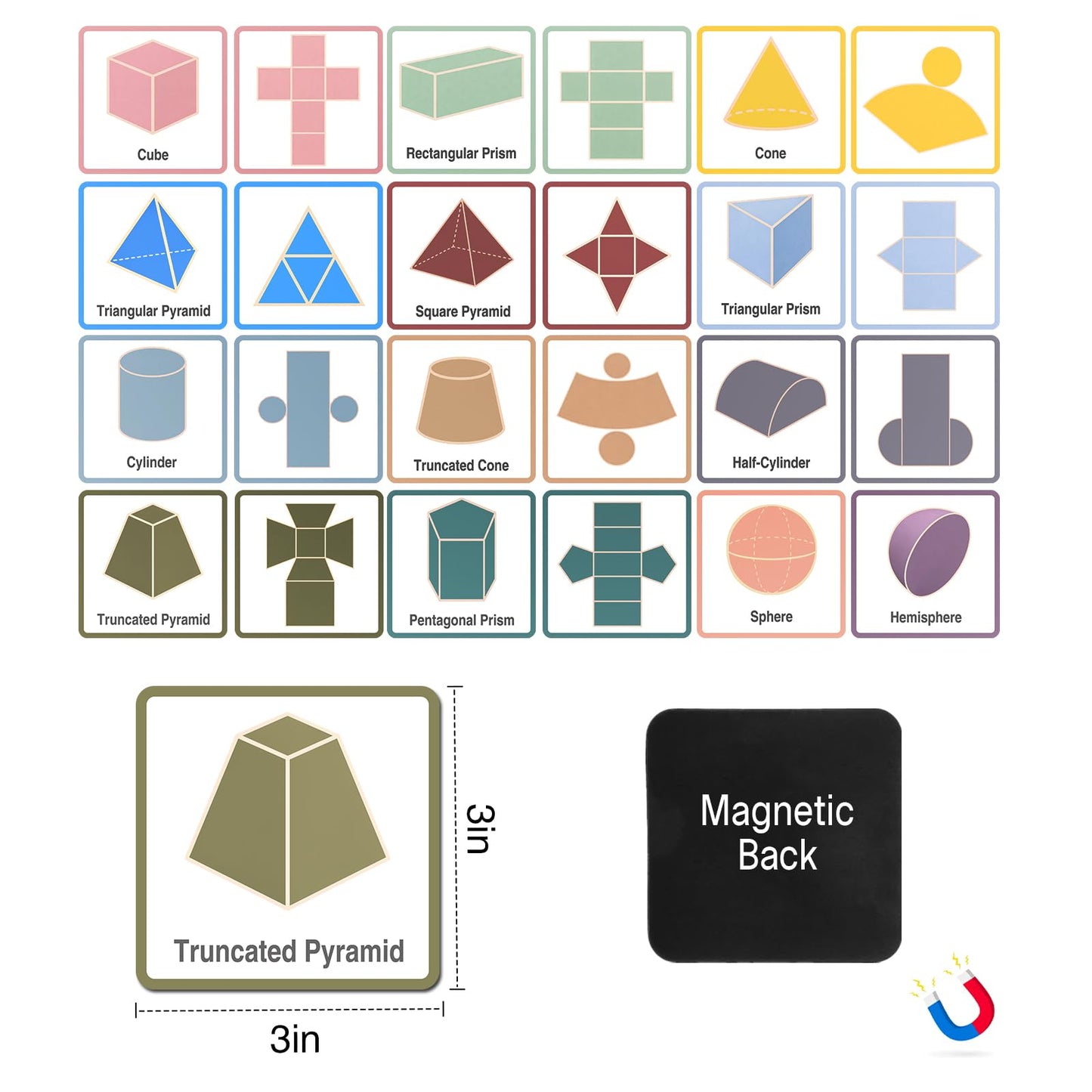 Jianwen Magnetic 3D Shapes & Nets Flash Cards 3"x3", Geometry Math Manipulatives, Educational Aids for Classroom and Home Use
