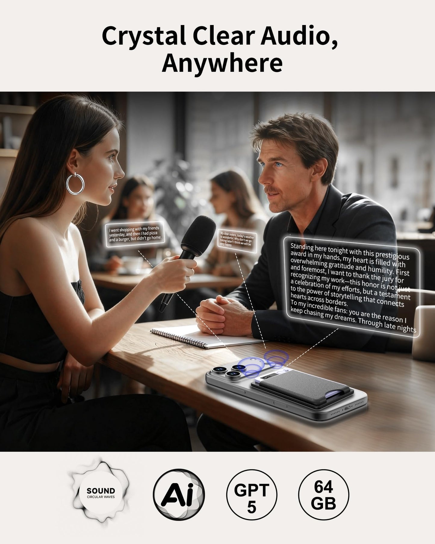 GPT-5 AI Voice Recorder, 64GB Digital Audio Recorder with 152-Language Transcription, Dual Noise-Cancelling Mics, Automatic Summaries & App Control for Lectures, Meetings, Interviews
