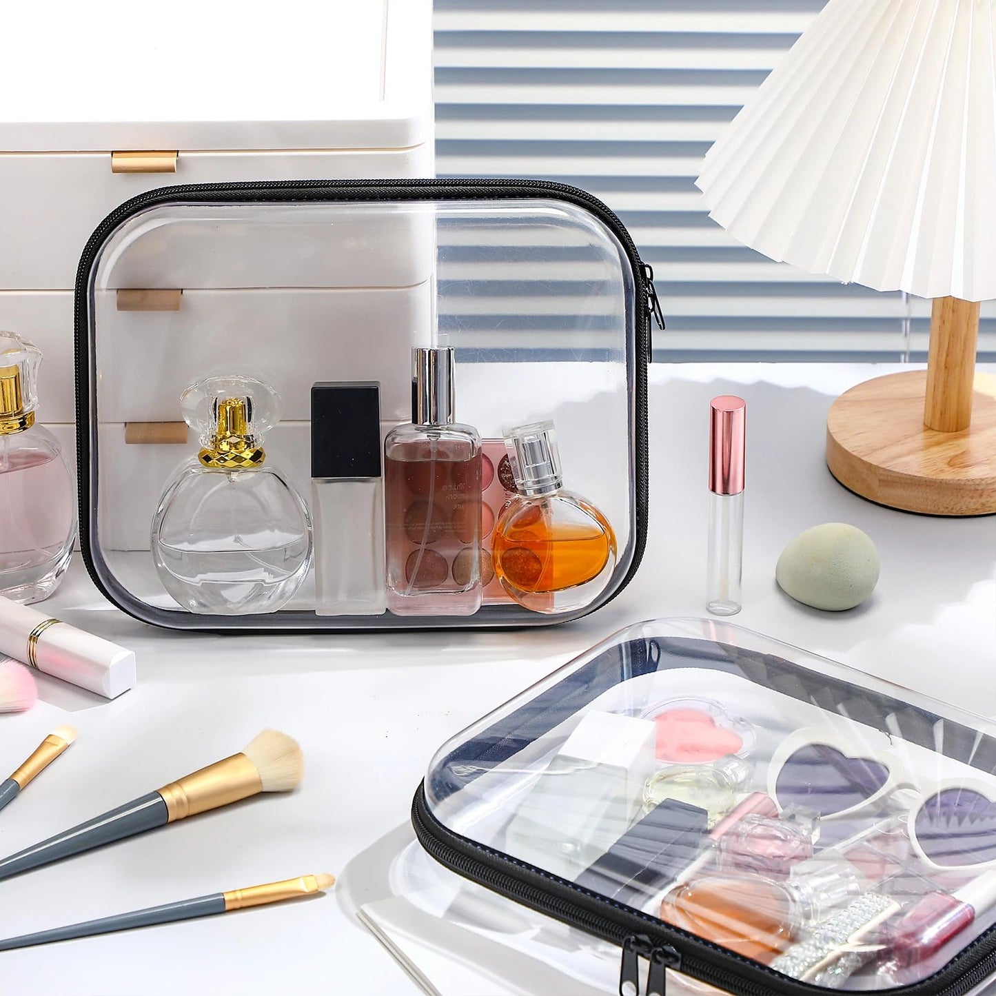 Hoolerry 3 Pcs Clear Hard Zipper Case Hard Plastic Zipper Pouch Makeup Bag Portable Travel Organizer for Cosmetics, Office Supplies, Documents & Toiletries(Black,M)