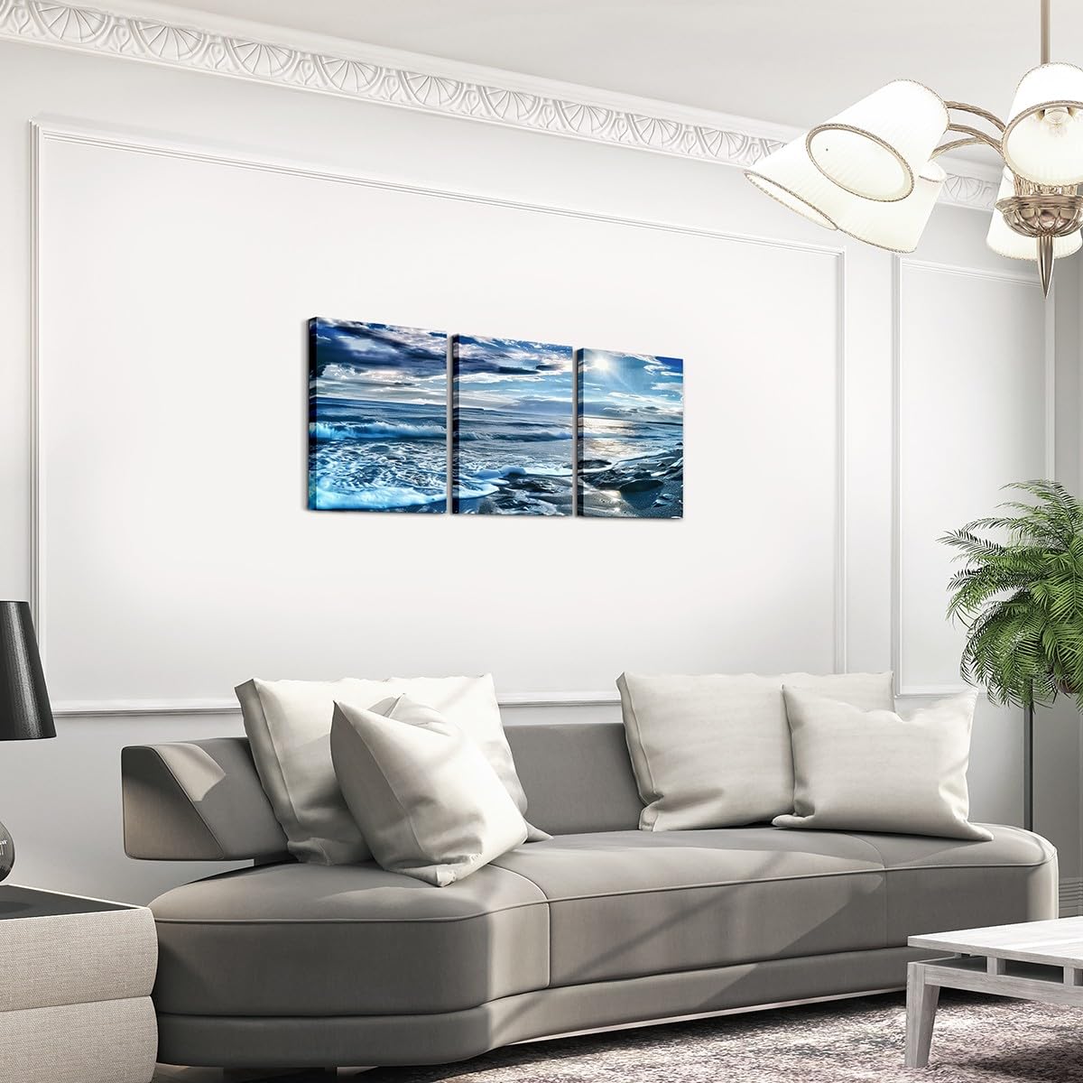 Canvas Wall Art Set of 3 for Living Room Bedroom, Blue Beach Paintings Wall Decor Ocean Sea Wave Print Wall Art Ocean Scenery Poster Prints for Bathroom Home Decor,Rustic Farmhouse Artwork Decor