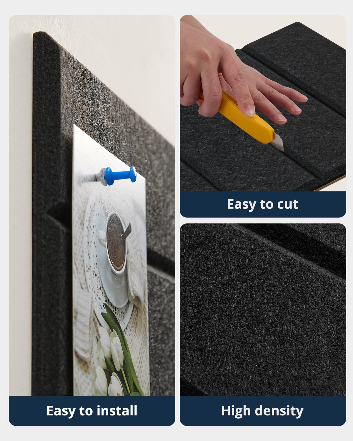 Woovio Cork Board 48"x36" Large Felt Bulletin Board with Self Adhesive, Cork Boards for Walls for Office-12 Pack Pin Board Use in Home Classroom Office Wall Decor Black