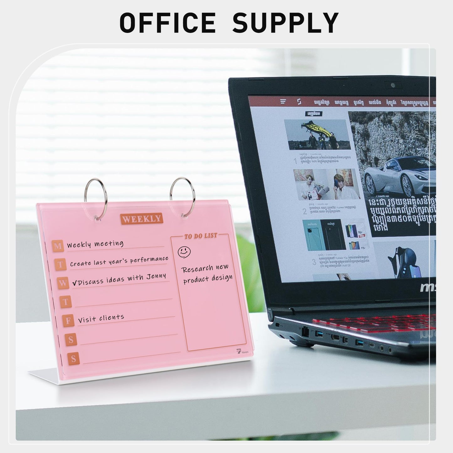 Desktop Glass Dry Erase & Acrylic Aesthetic Desk Calendar Weekly to-do List Combo, Small Magnetic Standing Whiteboard, Desk Flip Easel Calendar with Accessories for Home Office Supply, Pink, 9 x 7''