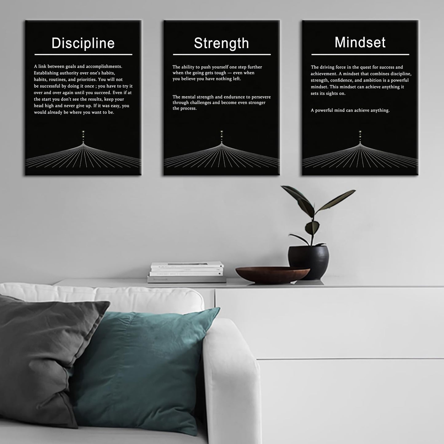 PSYYSP 3 Piece Motivational Wall Art Discipline Strength Mindset Quotes Canvas Pictures Framed Black And White Inspirational Posters For Office Decor Home Gym Modern Minimalist Artwork, 36x16 Inch