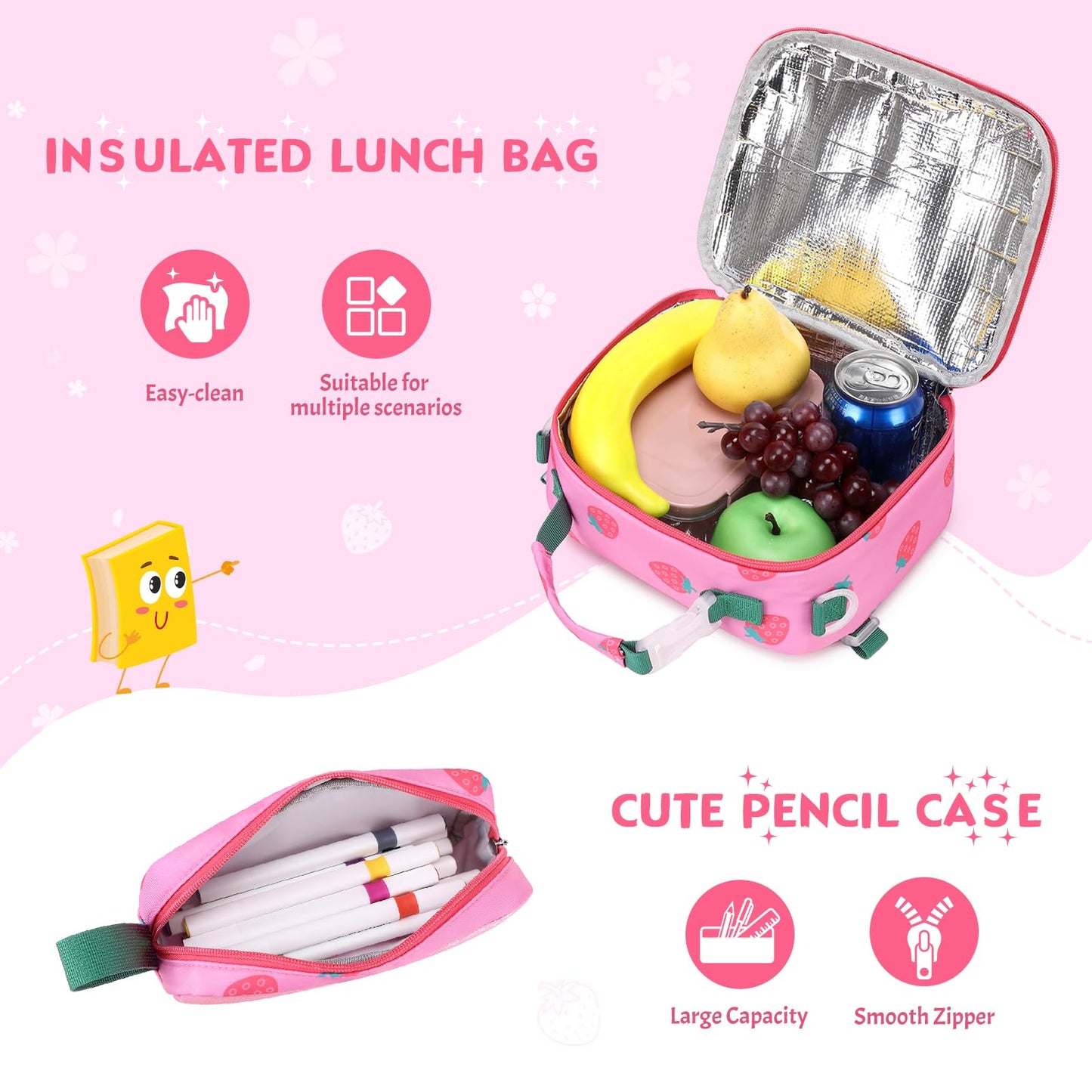 Similove Kids Backpack for Girls - 3PCS Small Cute Toddler Backpack with Insulated Lunch Bag & Pencil Case for Kindergarten Preschool Elementary School - Girls Bookbag Ages 6-8