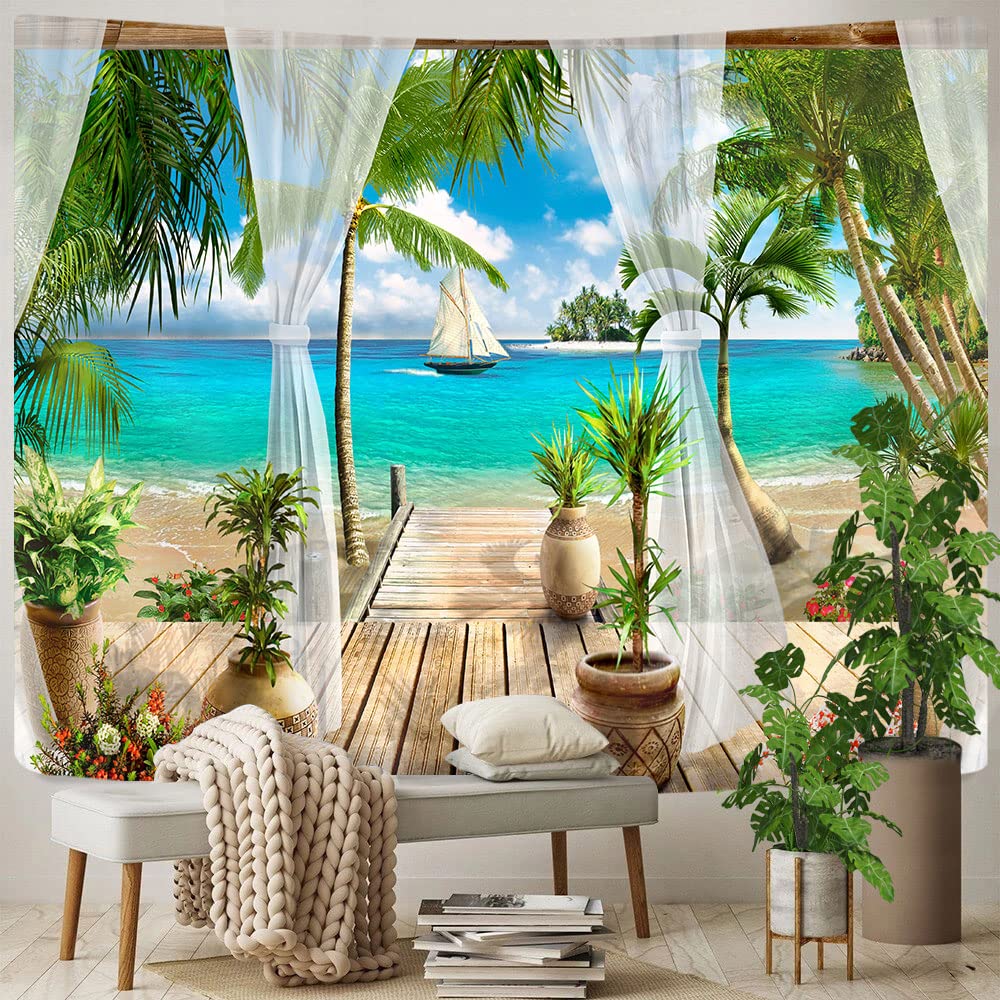 Ocean Beach Tapestry, Nature Coconut Palm Tree Garden Scenery Window Tapestries Wall Hanging for Bedroom College Dorm Decor, Summer Tropical Sea Hawaii Landscape Outdoor Poster Blanket 60X40 Inch