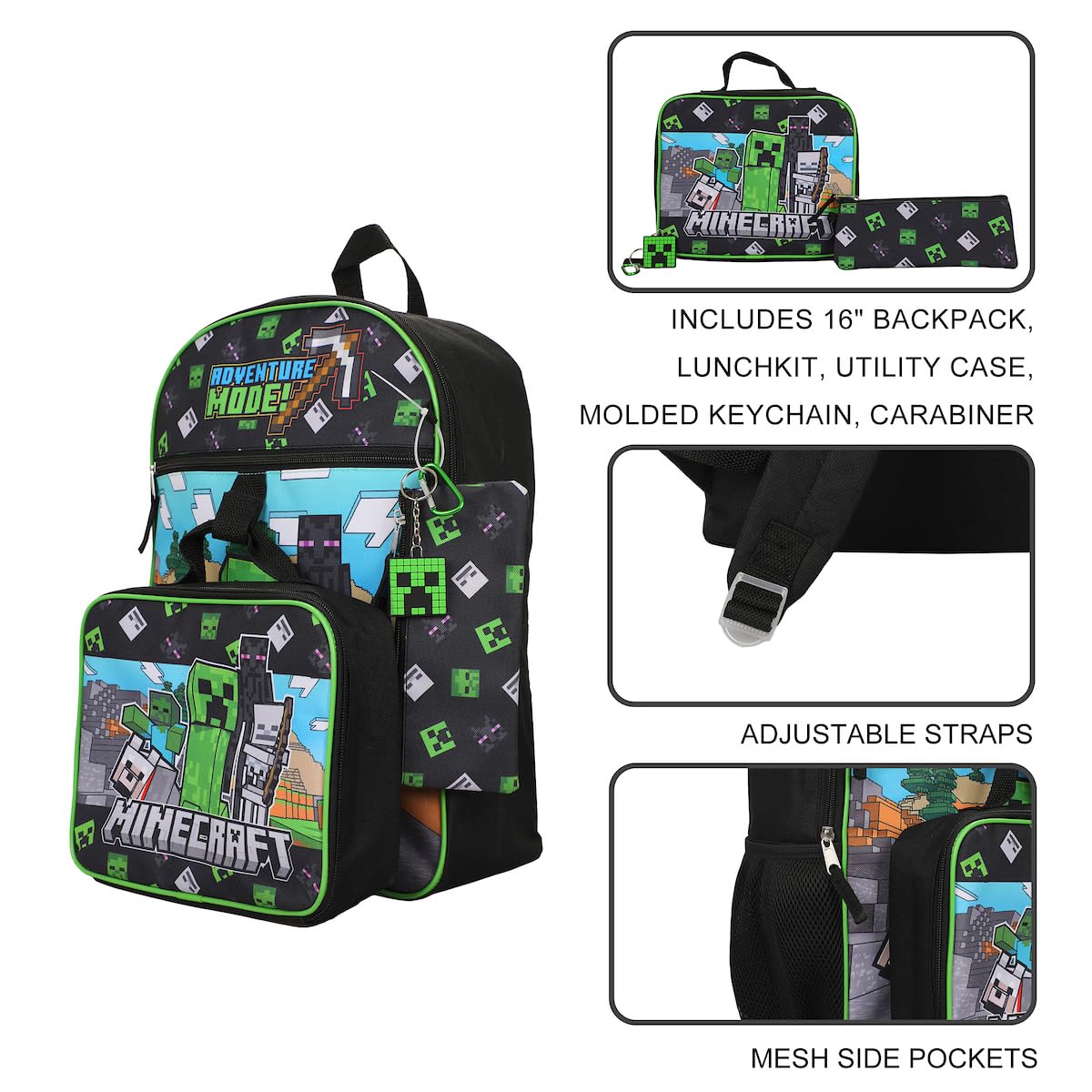 BIOWORLD Unisex Minecraft Adventure Mode 5-Piece Backpack set (Little Kid/Big Kid), Green, One size
