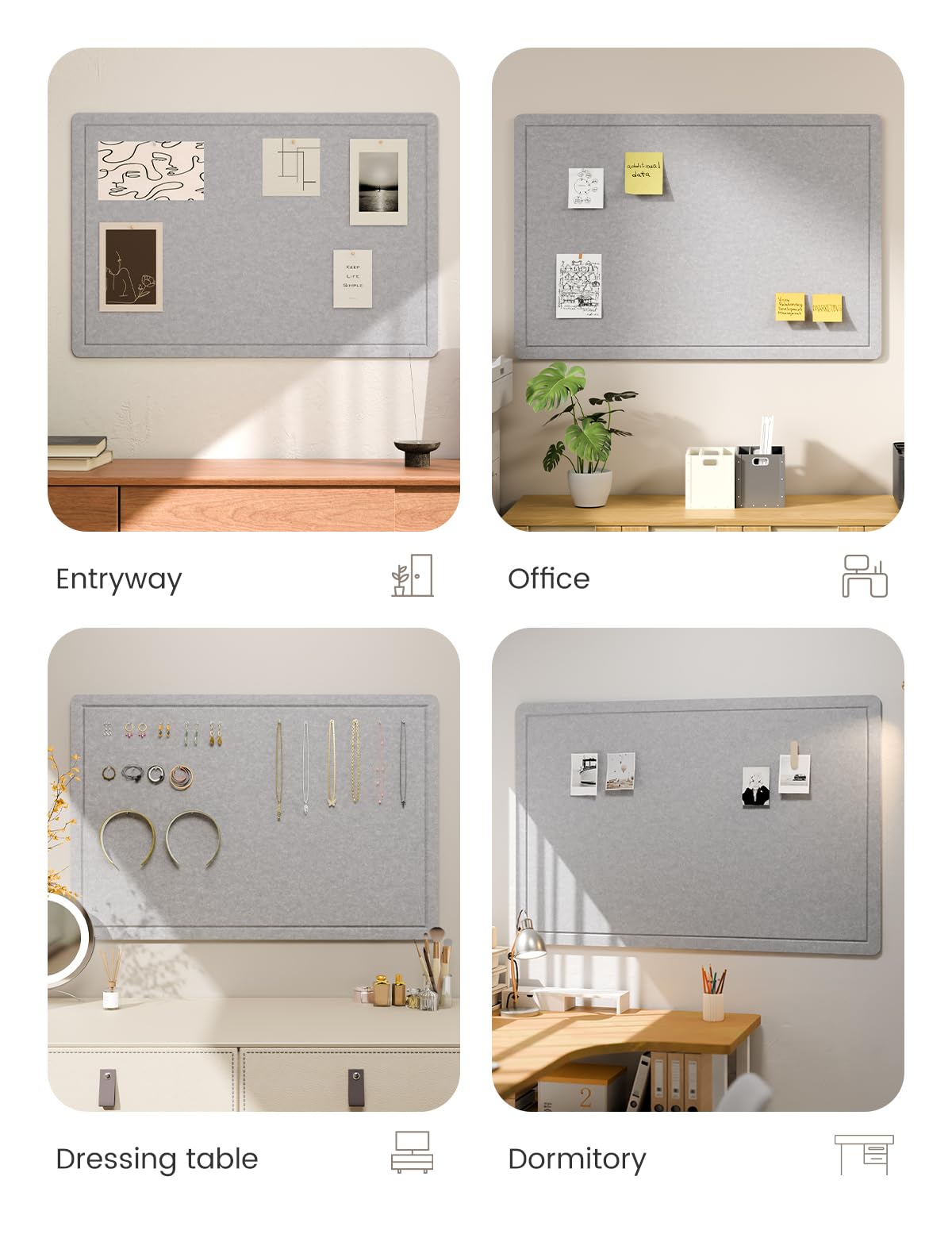 Fluxynara Bulletin Board,35.4" x 23.6" Cork Board Alternative with 12 Safe Removable Adhesive Tabs, Foldable Felt Pin Board for Home Office, Classroom, Bedroom,Entryway for Walls—Soft Gray