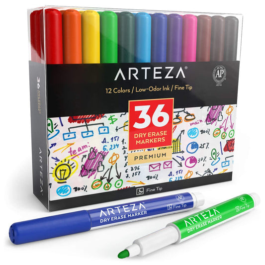 ARTEZA Dry Erase Markers Fine Tip, Bulk Pack of 36 Low-Odor Whiteboard Pens, 12 Assorted Colors for Office, Meeting Rooms & Daily Planning