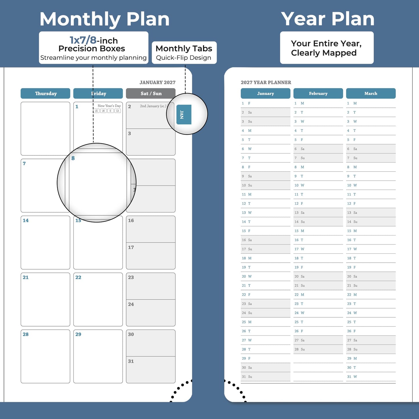 IN-LUXPRO Planner 2026-2027 Daily Weekly and Monthly,6.5"x3.75",18 Months Spiral Bound Calendar Agenda with Self-adhesive Pen Holder,2026 Academic Plan with Vegan Leather Soft Cover,Blue