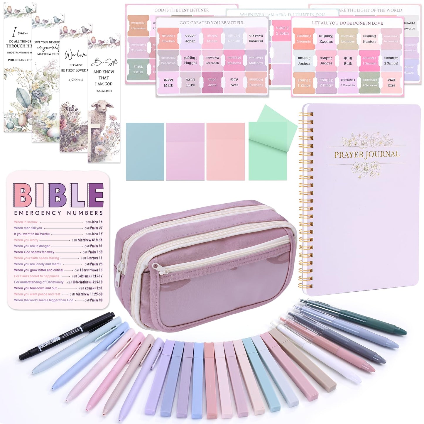 XKDOUS Bible Study Supplies Journaling Kit for Women, Bible Study Kit, 12 Pastel Highlighters and 12 Pens No Bleed, 75 Laminated Tabs, Prayer Journal Pencil Case and More, Purple