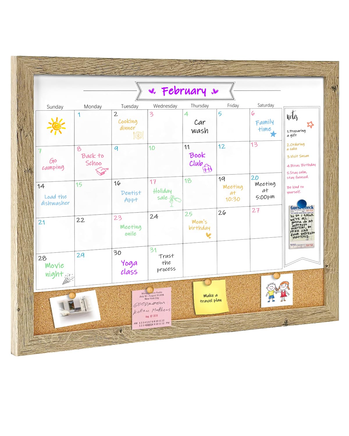 Dry Erase Calendar Whiteboard for Wall, Small Combination Magnetic Dry Erase White Board & Bulletin Board, 13" x 17" Rustic Brown Frame Calendar/Cork Combo Board(RB-3343)