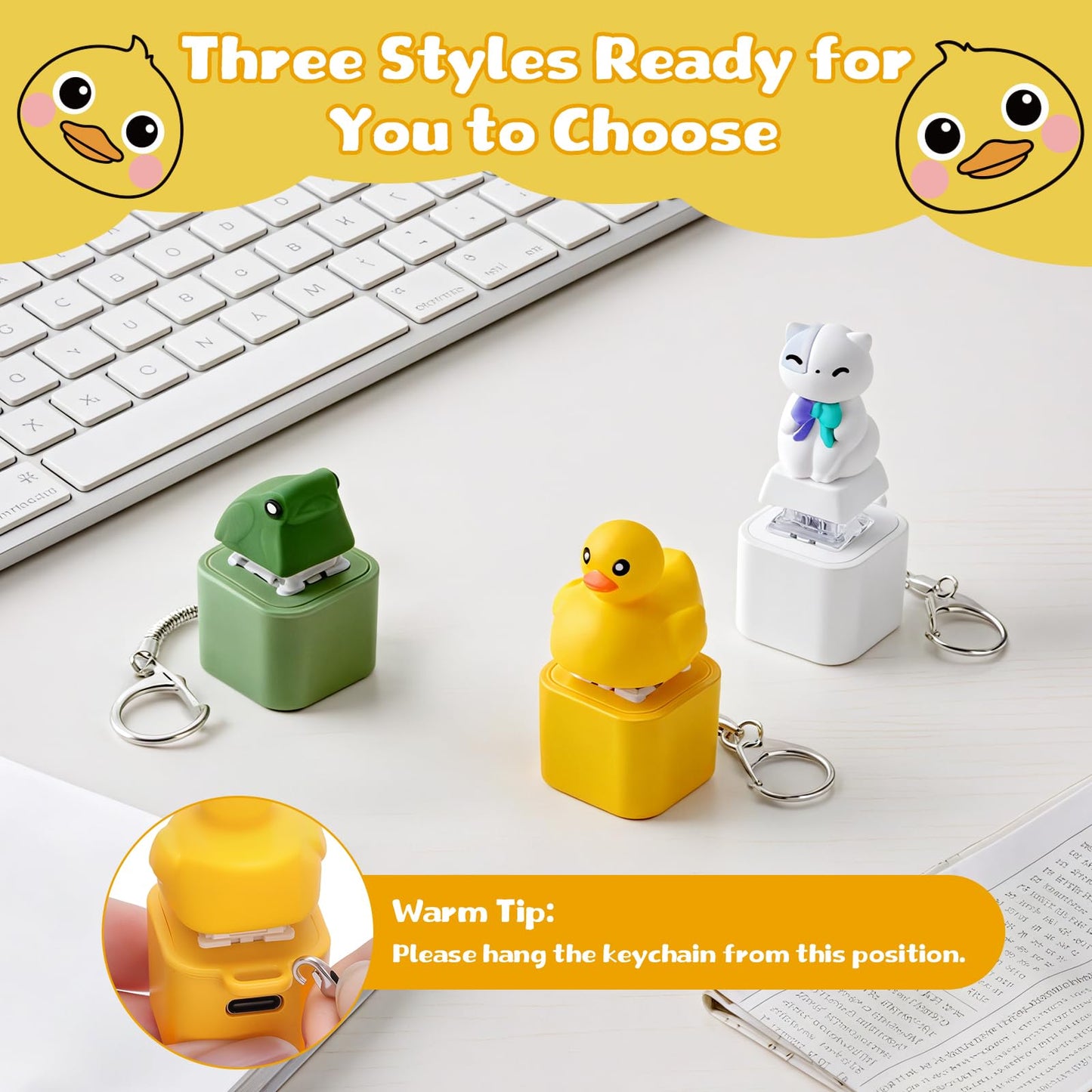 Netholid Quacking Duck Croaking Frog Meowing Cat Keyboard Fidget Toys for Adults Clicker Keychain with Sound LED Light and Charging Port for Autism Stress Relief Anxiety (Duck, 1)