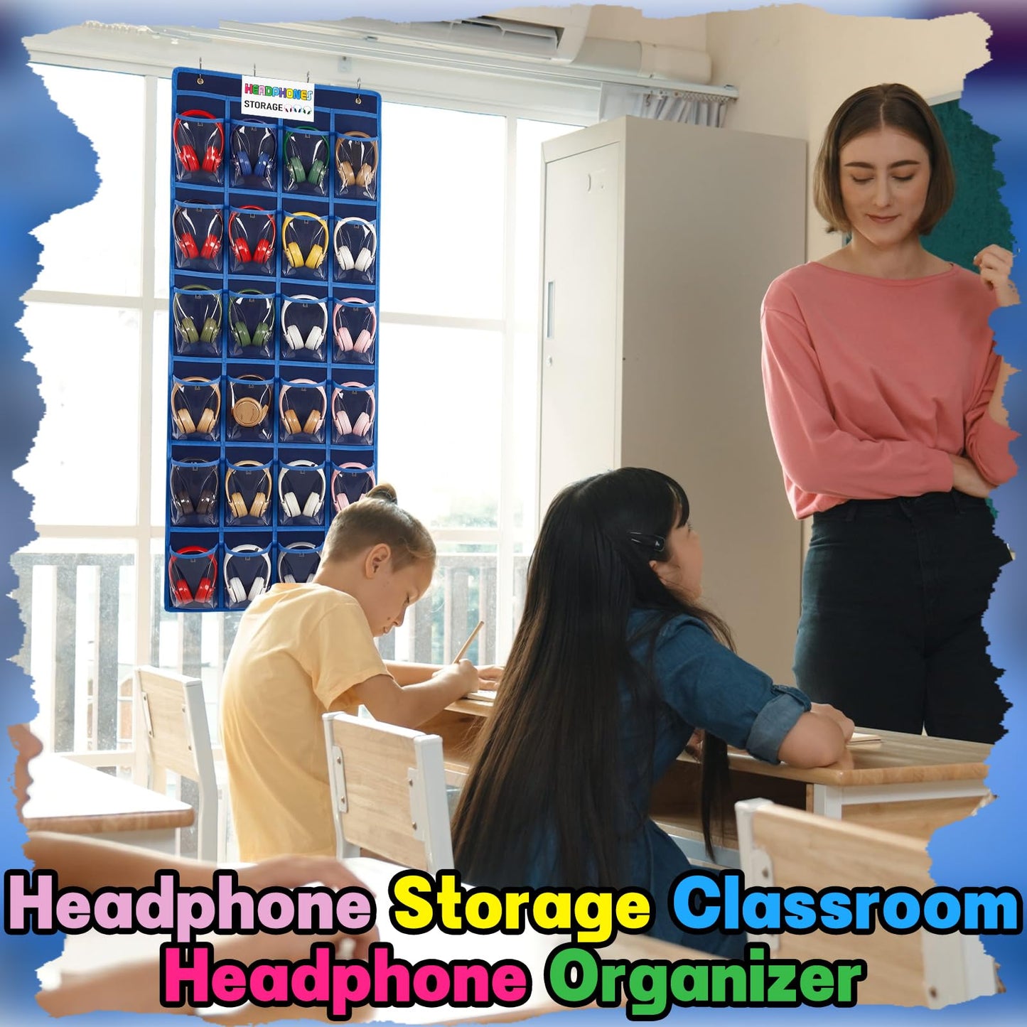 Maasechs Classroom Headphone Storage Organizer 24 PVC Clear Over The Door Hanging Classroom Headphone Holder Pocket with 4 Hooks for School Library(Blue)