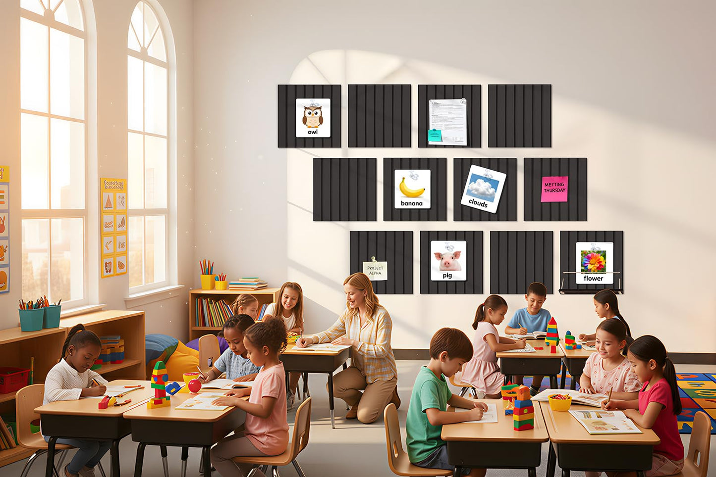 12 Pack Bulletin Boards 48" x 36" Alternative Cork Board for Office,Built-in Storage Device，Large Cork Boards for Walls ， Felt Wall Tiles, Contains Removable Security Stickers and PushPins (V-Black)