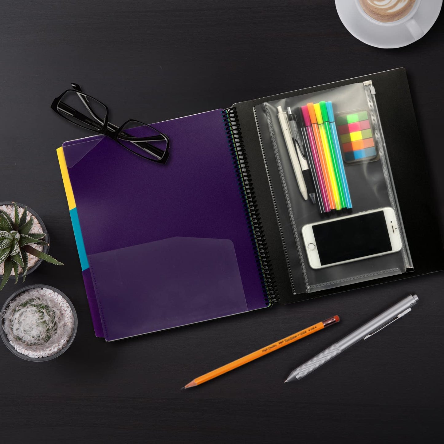 Mukawa 12 Pocket Poly Project Organizer, Spiral Project Folder Multi Pocket Folder Binder Letter Size, Back Cover Utility Pouch, 1/6 Cut Tabs, 6 Tab Color Dividers (Pack of 2)