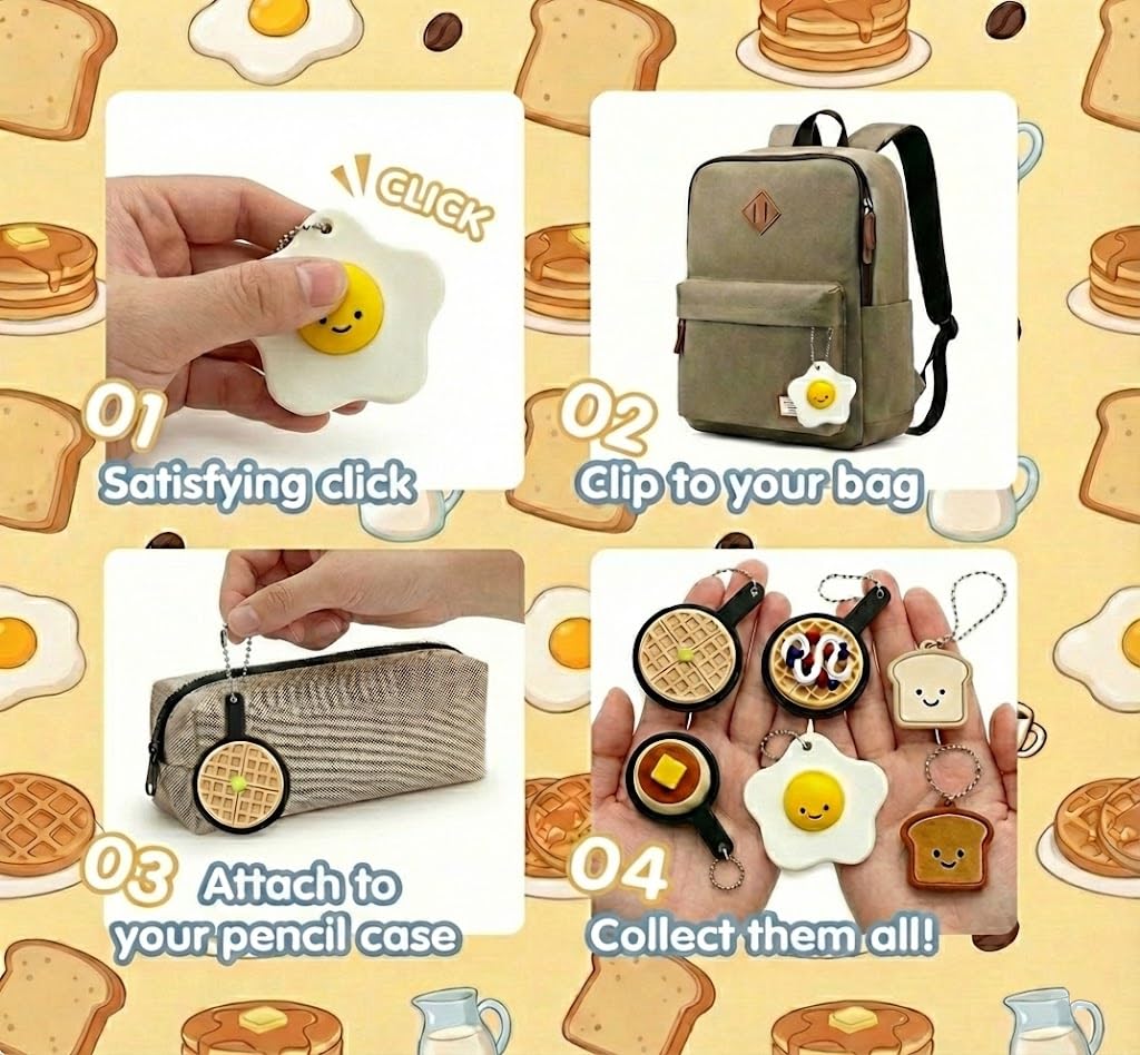 Breakfast Fidget Clicker Set – 6-Pack Clicker Keychains Cute 3D Printed Egg, Toast, Pancake & Waffle Fidget Accessory for Relief of Stress and Backpack Charm