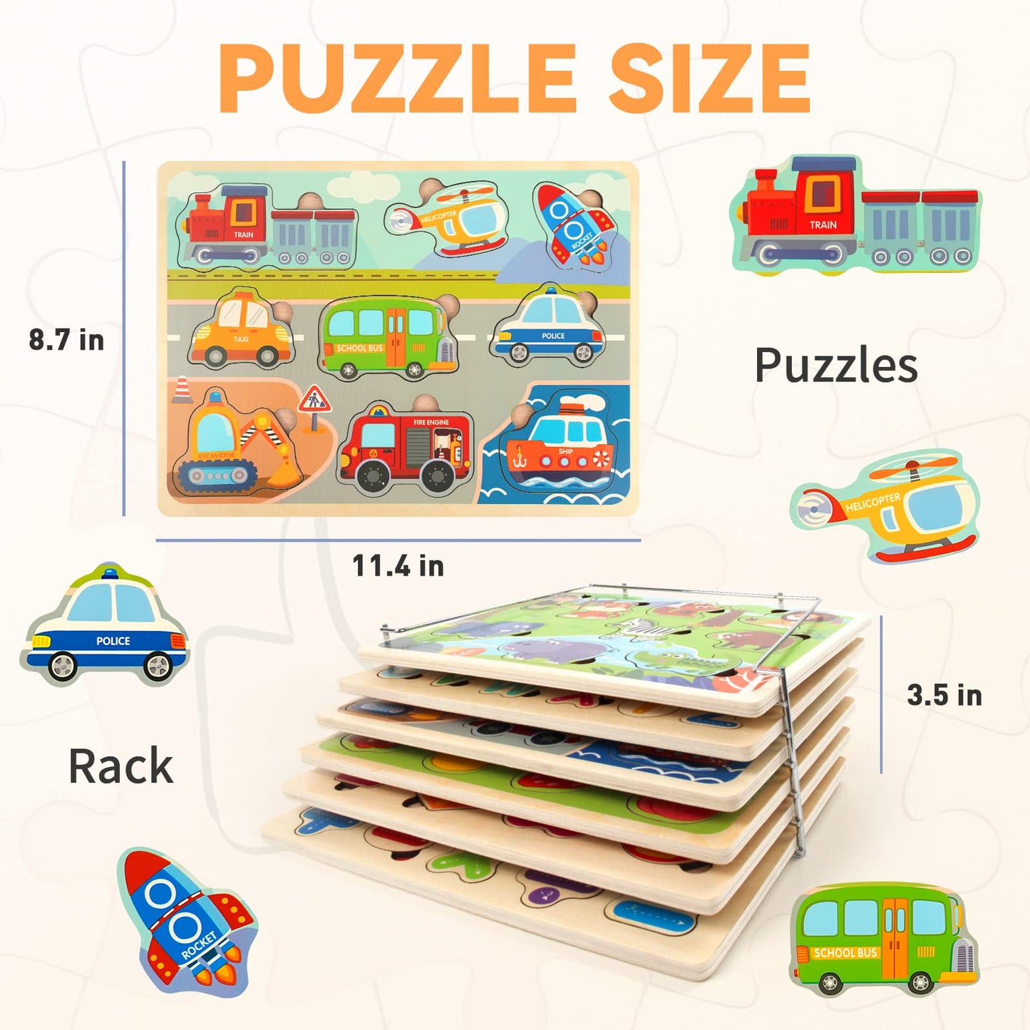 Wooden Puzzles for Toddlers with Storage Rack, WOOD CITY Toddler Puzzles Ages 3-6 for Kids, Learning Preschool Wood Puzzle for Boys and Girls-6 Pack Alphabet Number Shape Fruit Animal Vehicle