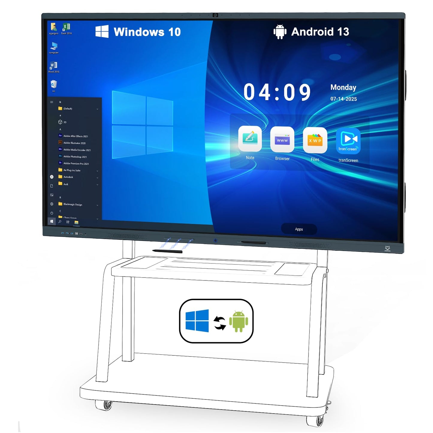 LINGHUFOX Smart Board, 86 Inch 4K Touch Screen Interactive Whiteboard Built in AI Camera and 8 Mics, All in One Computer with Windows i5 13th 16+256G & Android for Office Classroom Home(Board+Mini PC)