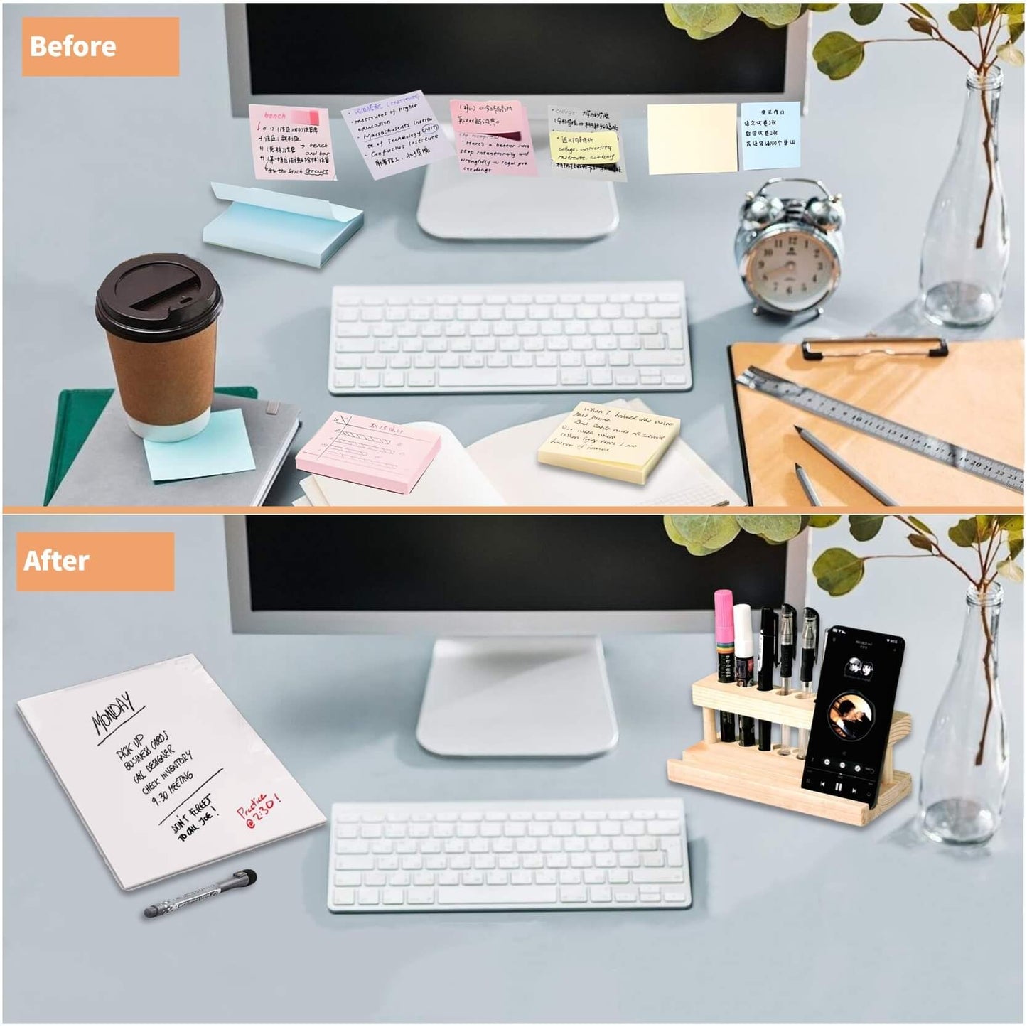 iNenya Glass White Board with Stand,Magnetic Mini Dry Erase Board for Desk,Small Desktop Whiteboard with Solid Wood Bracket