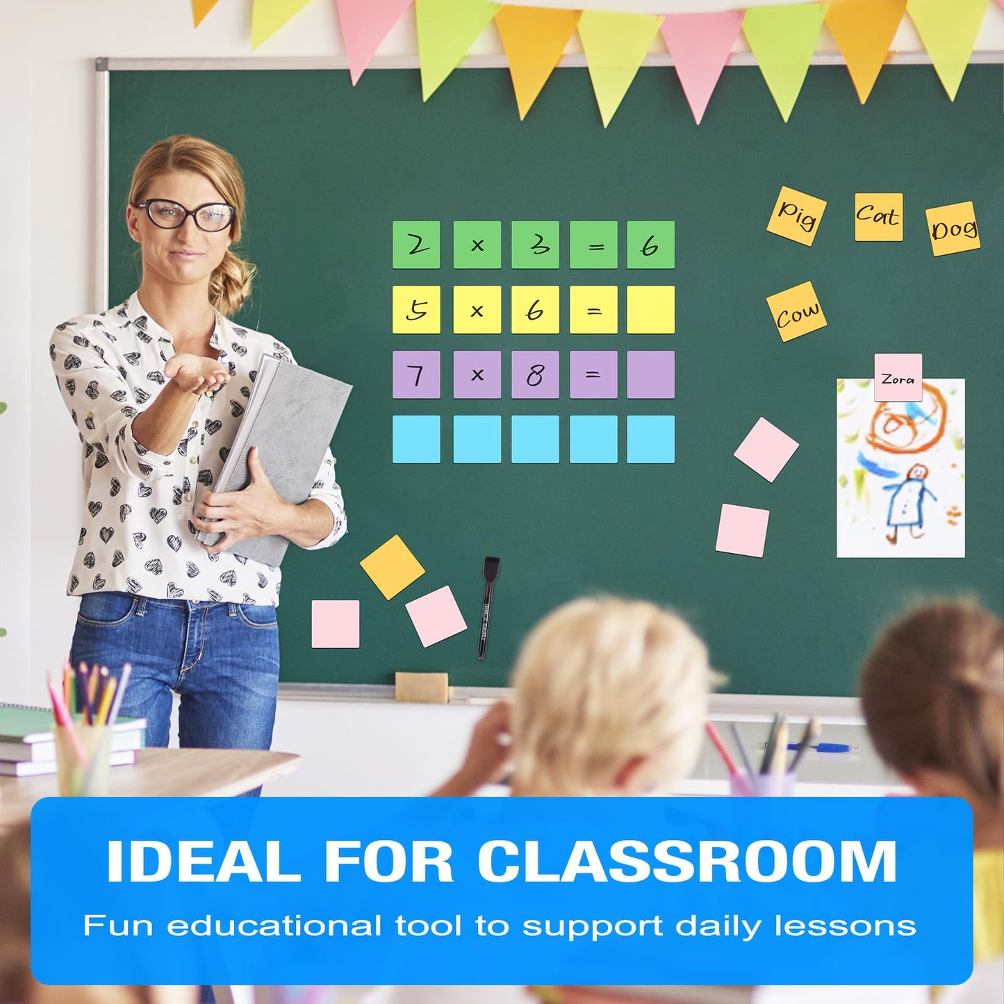 Bintomo Reusable Magnetic Sticky Notes: 30PCS 3"x3" Dry Erase Magnets Labels for Whiteboard, Fridge, Locker - Cute Erasable Post Sticker with Marker for Classroom Office Home White Board Accessories