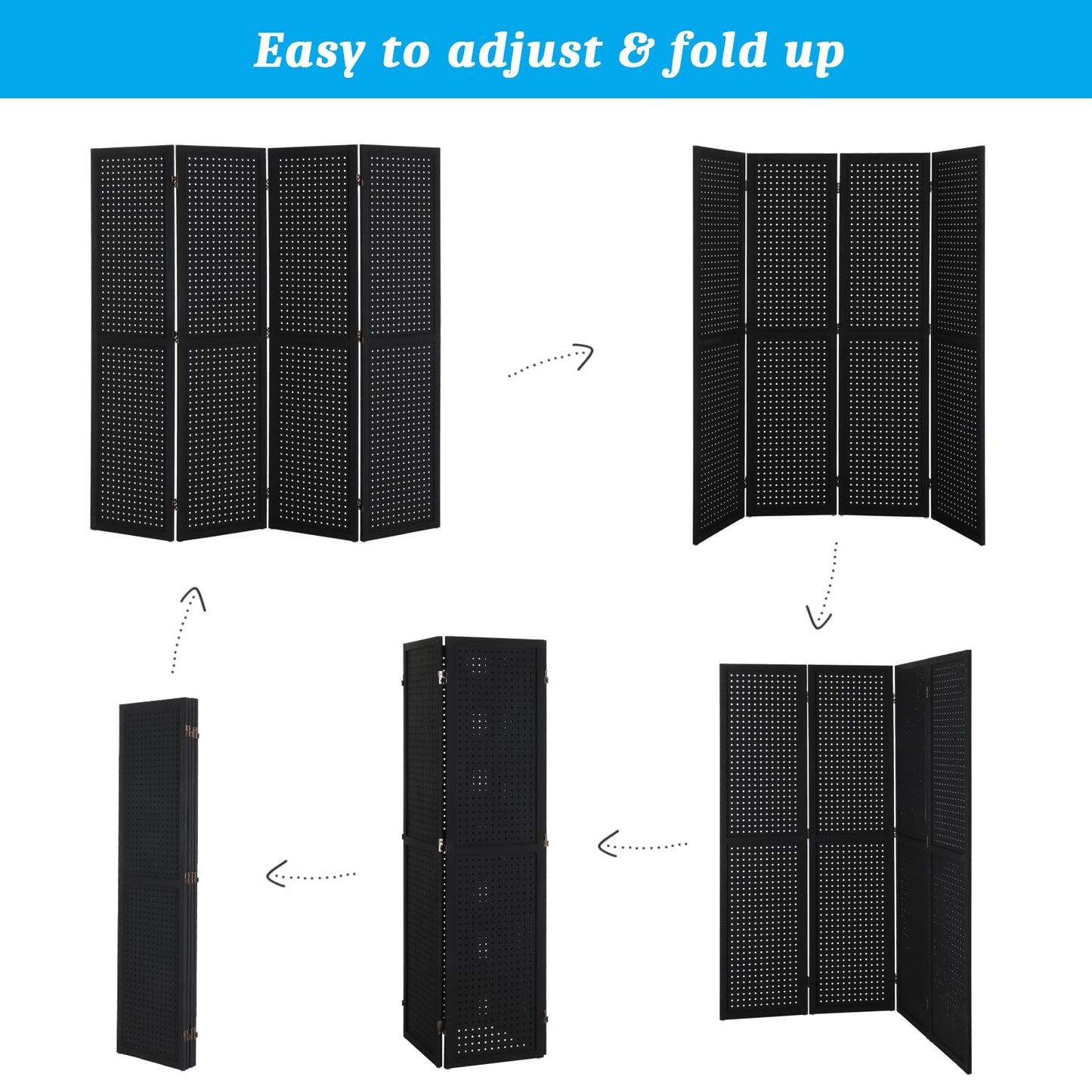 Bonnlo 4 Panel Pegboard Freestanding, 5 FT Portable Display Board Organizer for Craft Show Jewelry, Wooden Folding Privacy Screen Room Divider (with Base, Black)