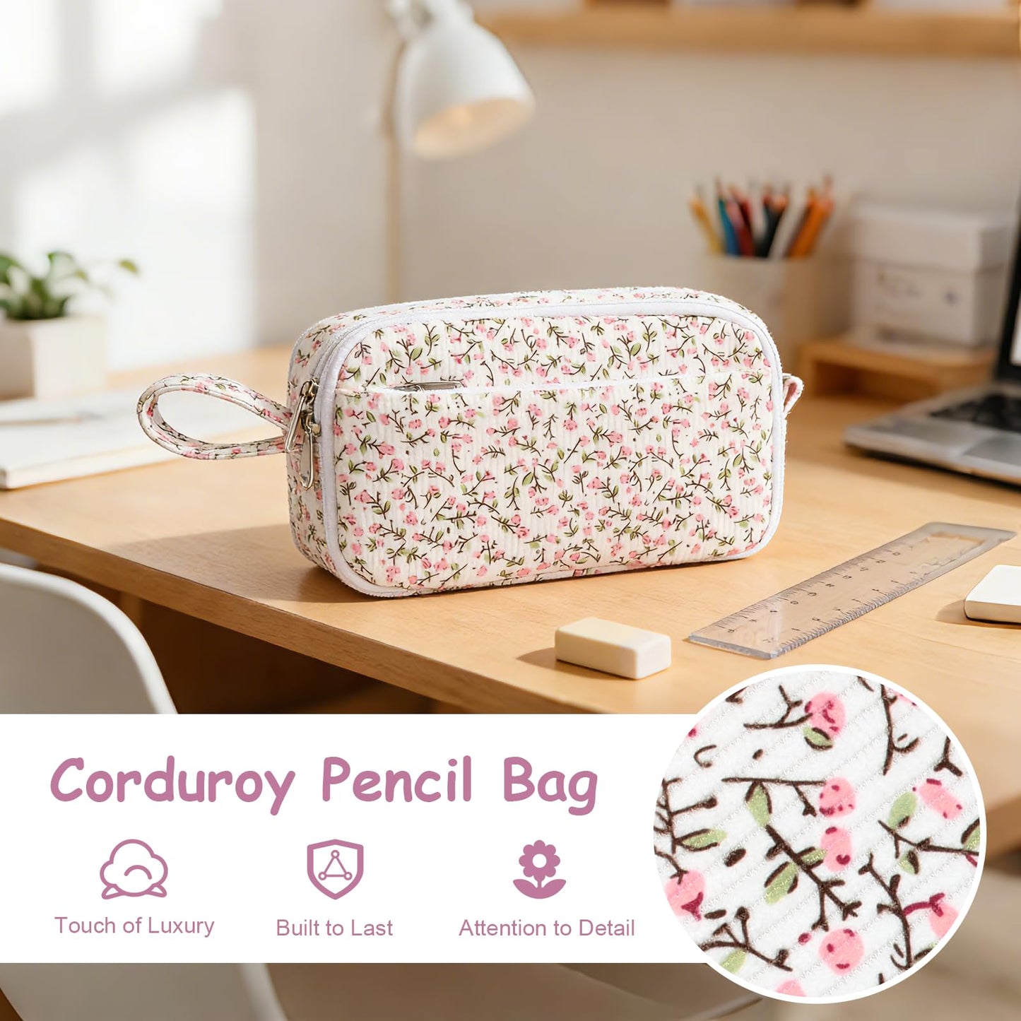 BuyCard Big Capacity Pencil Pouch, Pink Floral Corduroy 4-Compartment Pen Bag, Aesthetic Stationery Organizer for Teen Girls Women, Must-Have for Teacher, Makeup & Electrical Goods Storage Case