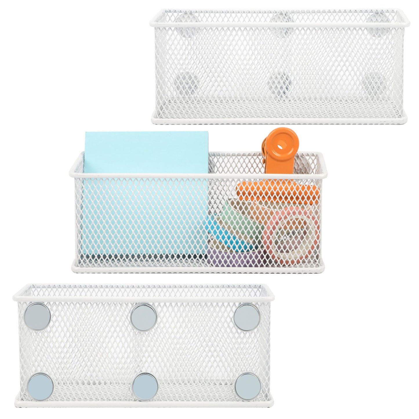 EASEPRES Magnetic Pencil Holder Set of 3 - Wire Mesh Storage Baskets Organizer with Strong Magnets - Perfect for Whiteboard, Refrigerator and Locker Accessories, White