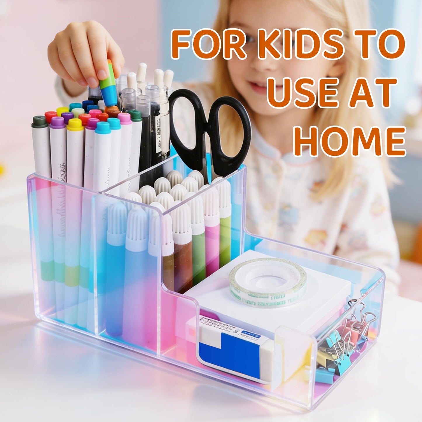 Iridescent Acrylic Desk Organizer with 3 Compartments - Clear Pencil Holder for Office, School & Home - Large Capacity Stationery Storage for Pens, Scissors, Sticky Notes, Paper Clips - Non-Slip Base