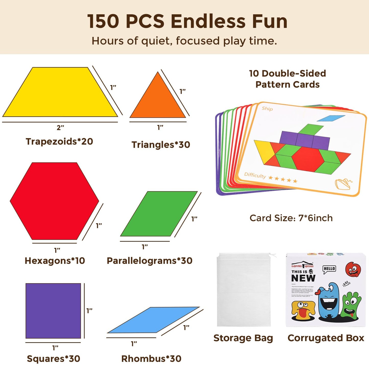 LovesTown Wooden Pattern Blocks Set for Kids, Geometric Shapes with Learning Cards, 150 PCS Educational Puzzle Toy
