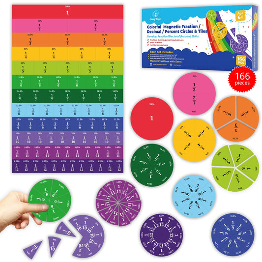 166 PCS Simply Magic Magnetic Fraction Tiles & Fraction Circles with Percentages - Fraction & Percent Strips & Bars, Fraction Manipulatives Class Set, Teaching Learning Fractions, Math Manipulatives