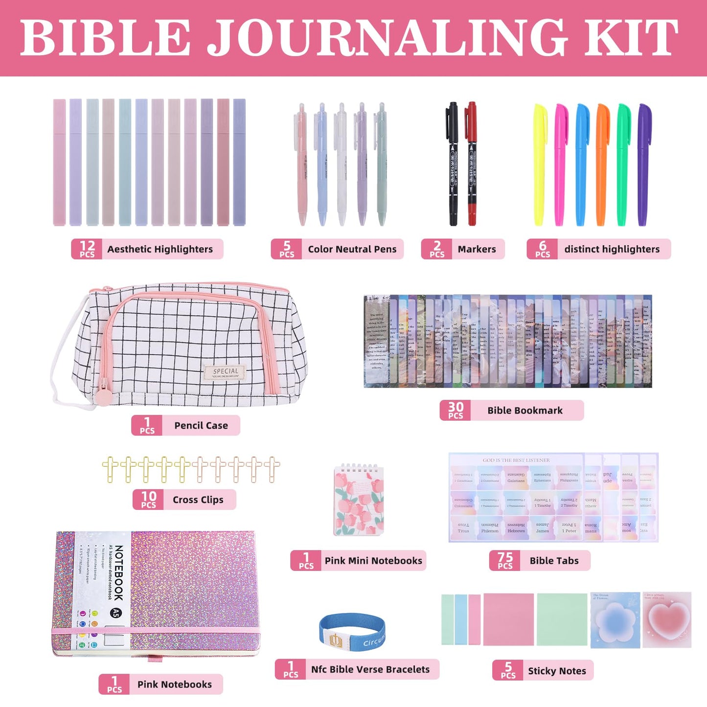 Bible Study Supplies with Daily Bible Verse Bracelets,Bible Journaling Kit for Women with Tabs Notebook and Pen Case Bible Bookmarks highlighters.Bible Tools for Students Beginner, Mom Day Gifts