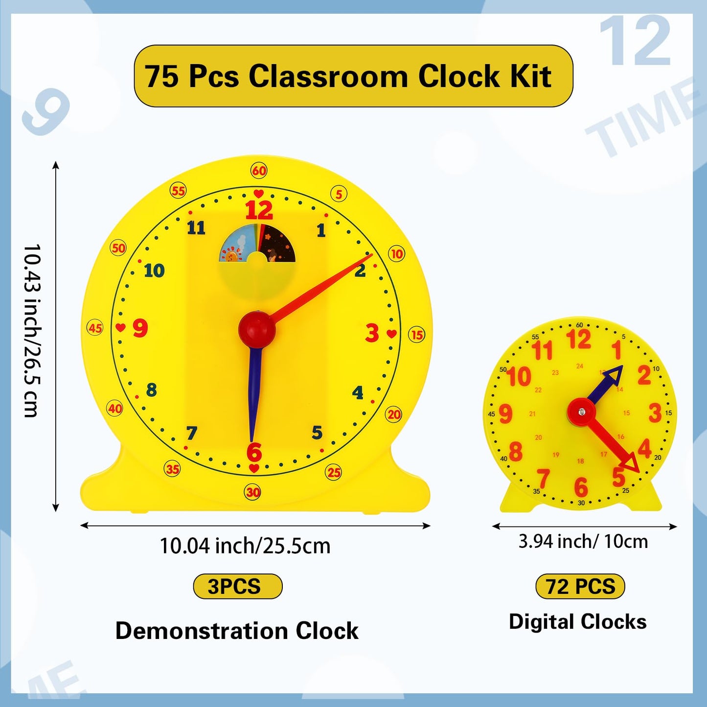 Lenwen 26 Pcs Classroom Clock Kit 24 Hours Learn to Tell Time Teaching Clock Toy for Kids Teaching Time Resources for Kids Learning Teacher Classroom Supplies (Yellow)