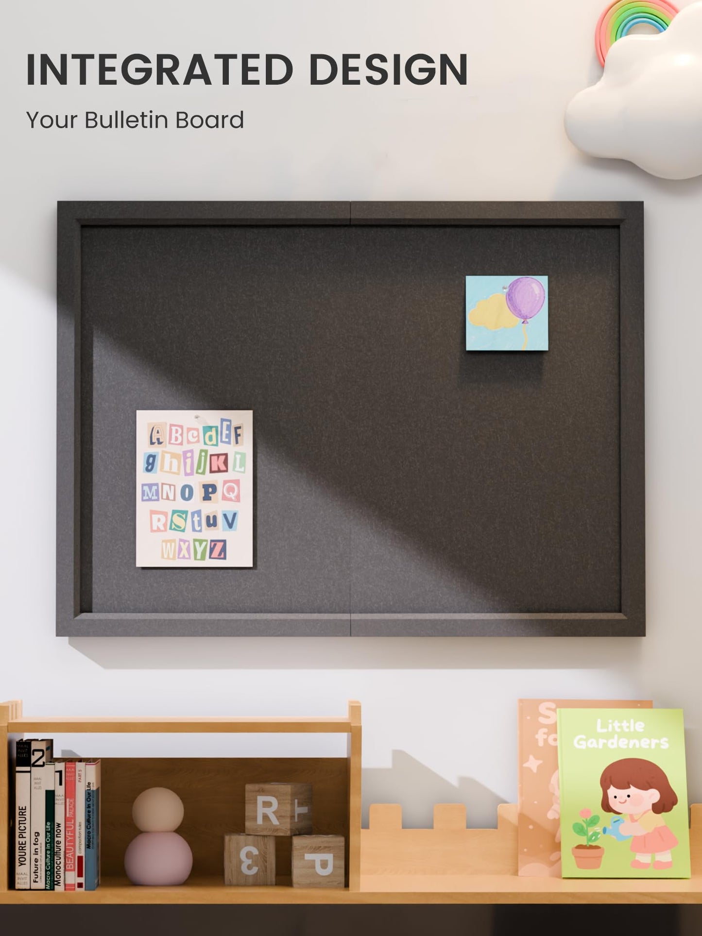 Fluxynara Foldable Cork Board Alternative, Felt Bulletin Board 23.6" x 17.5" Black Frame with 12 Adhesive Tabs, Pin Board for Home Office, Classroom, Entryway, Kitchen Wall Decor—Black
