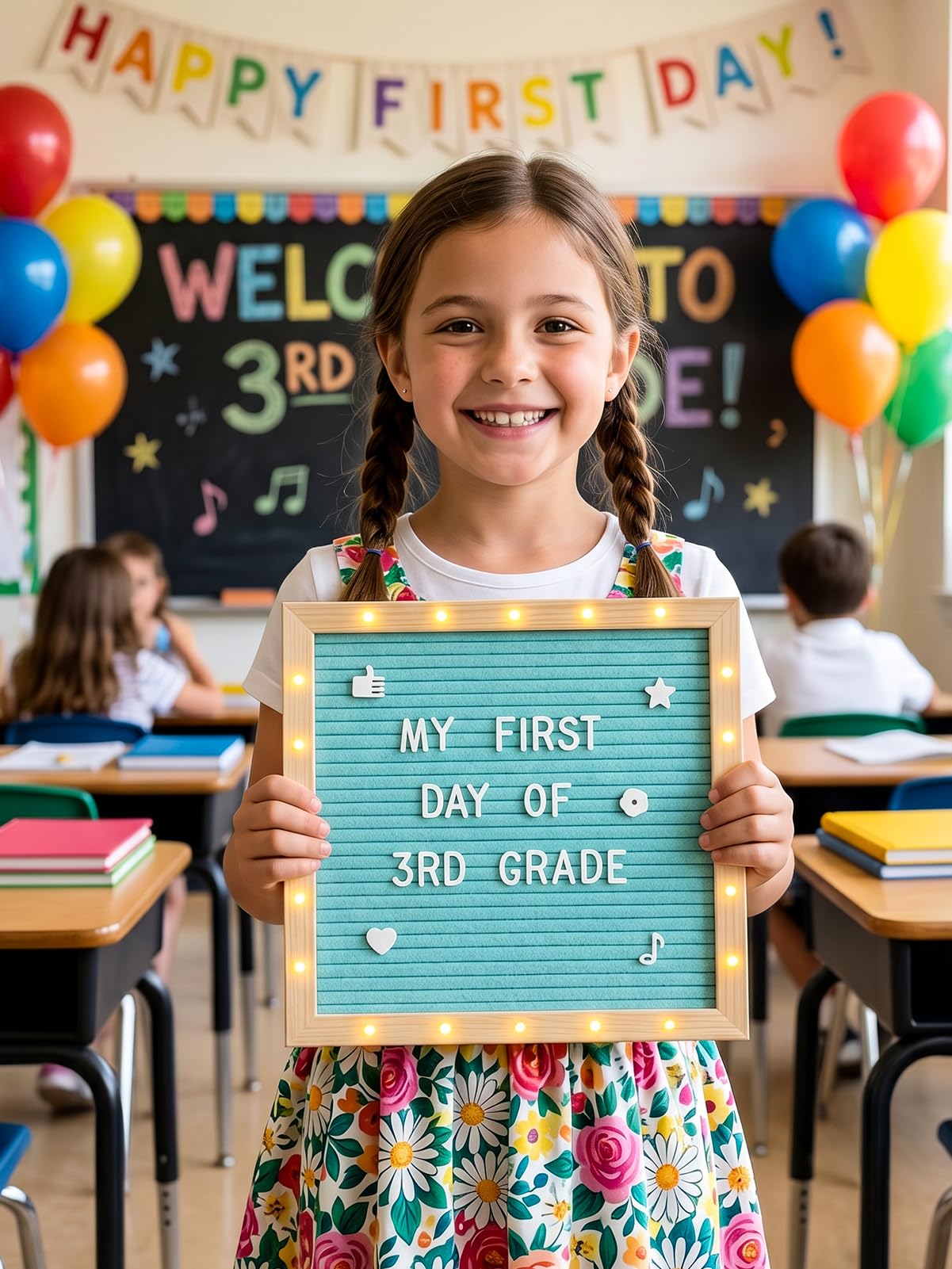 Changeable Felt Letter Board with LED Lights - 10×10" Message Custom Signs & Wood Stand & 450 Letters, Poster Board for Baby/Pregnancy Announcement/Classroom Wall Decor Gifts First Day of School, Blue