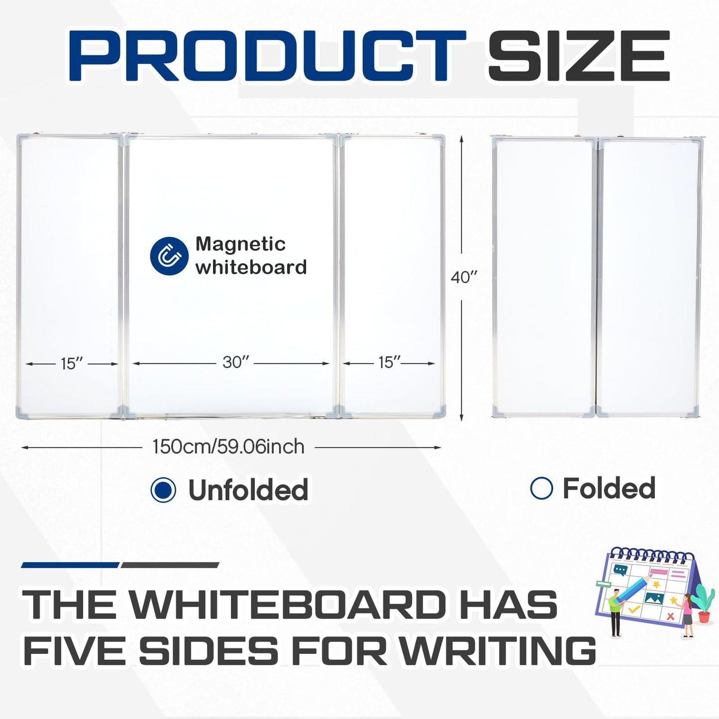 AmazingSpark 60” x 40” Foldable Whiteboard Dry Erase Board Large Tri Folding Whiteboard Magnetic Dry Erase Board, Wall Aluminium Frame and Flip Out Pen Tray for Office, Home