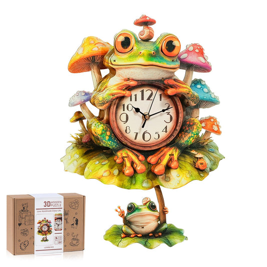 3D Wooden Puzzles for Adults, Frog Clock with Pendulum Model Kit, 3D Puzzles for Adults Room Home Decor DIY Wall Clock Kit, Holiday Birthday Christmas Day Gifts for Men Women Teens