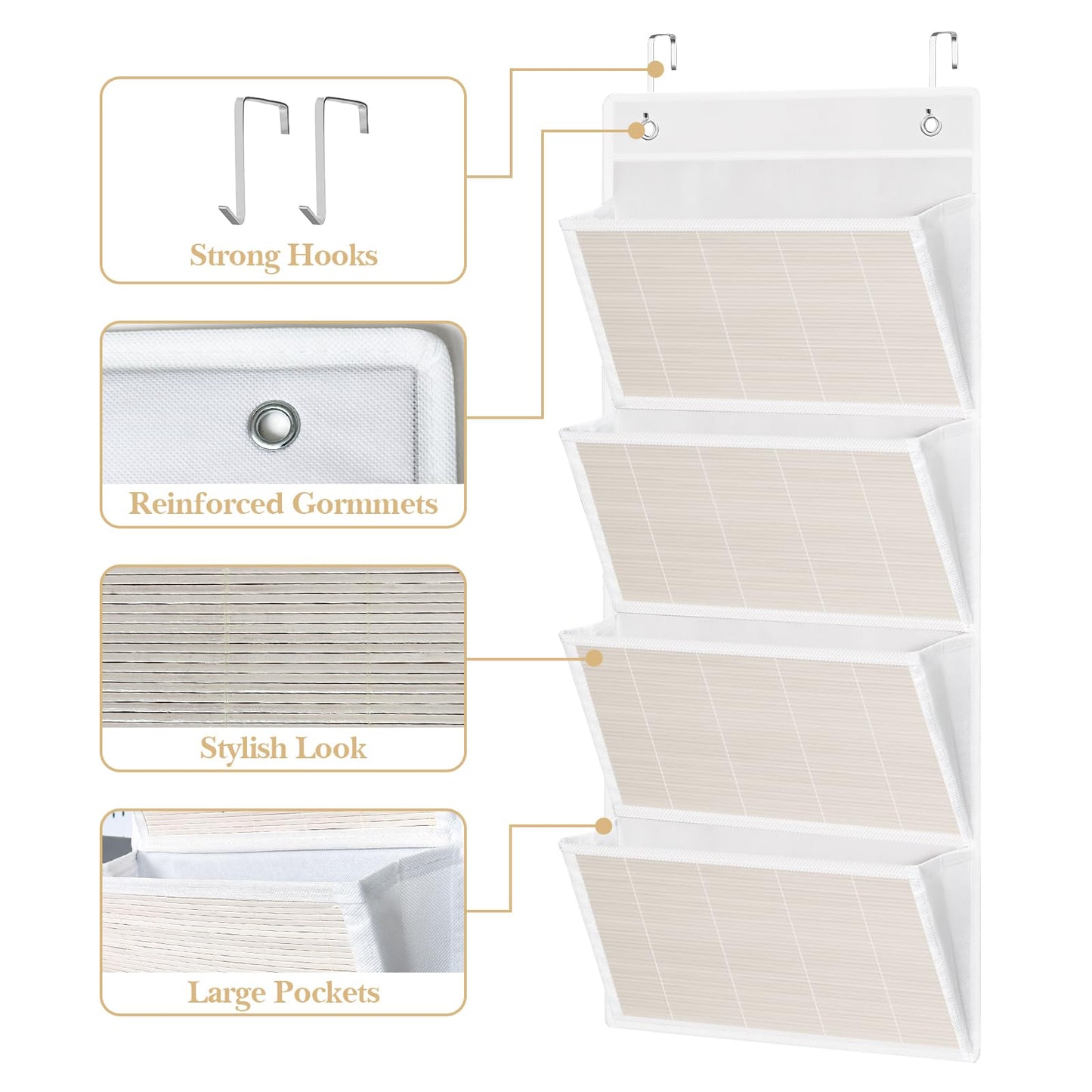 VERONLY Over the Door File Organizer - Hanging Wall Mounted File Folders Storage with 5 Extra Large Pockets for Home, 0ffice, Classroom,Chart Papers, Files, Letters,Planner, Documents (White)
