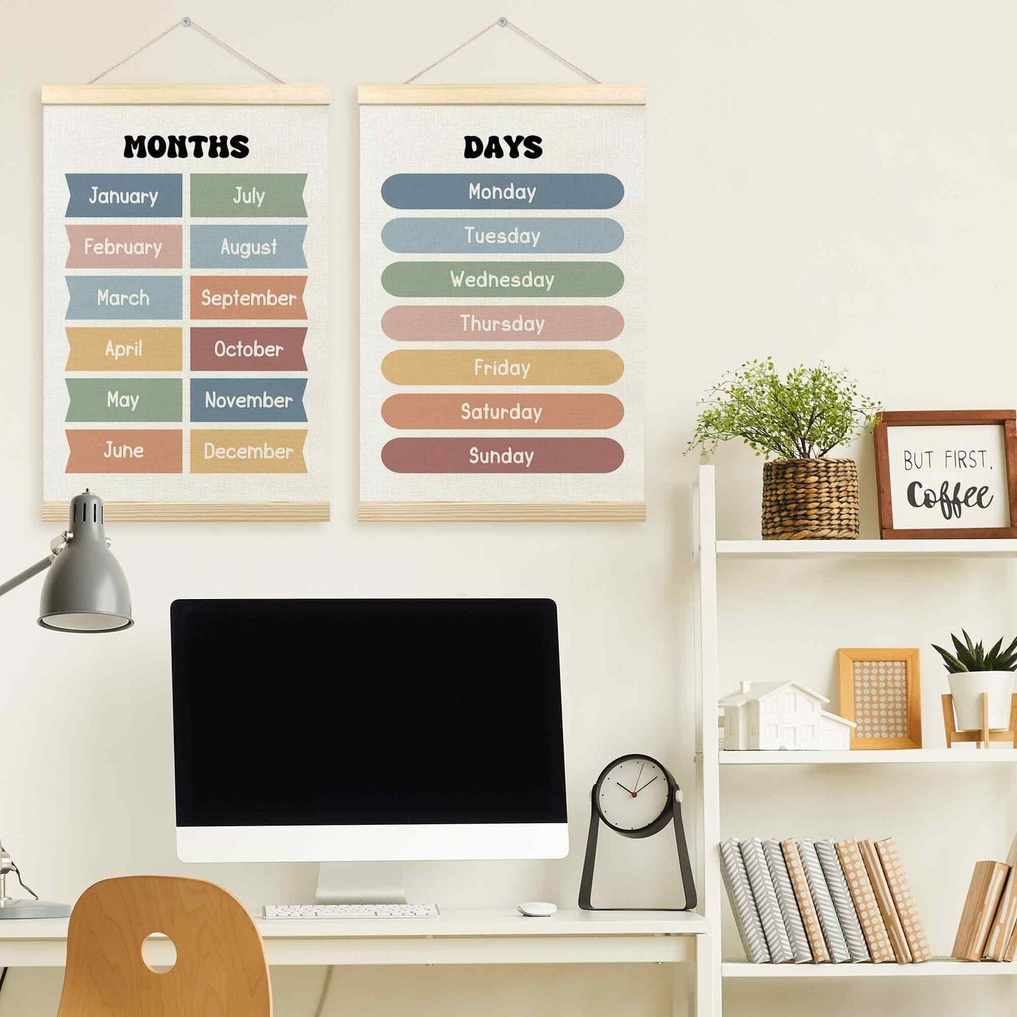 TLESKE Months of the Year Days of the Week Chart Poster Hanger Frame for Toddler Kid Classroom Set of 2, Homeschool Hanging Wall Art for Nursery Playroom, Preschool Learning Educational Poster, 16x24