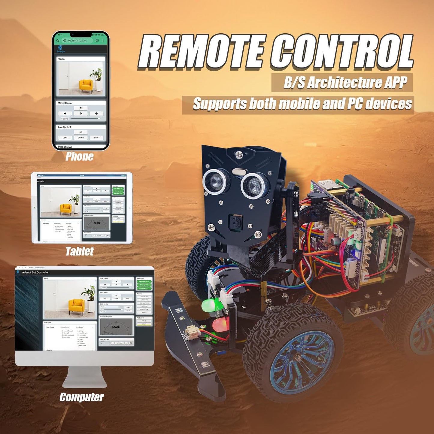 Adeept PiCar-B Mars Rover Smart Car Kit for Raspberry Pi 5/4B/3B/3B+, Obstacle Avoidance, Line Tracking, Light Tracing, Camera, Speech Recognition, Python, PDF Tutorials(Raspberry Pi NOT Included)