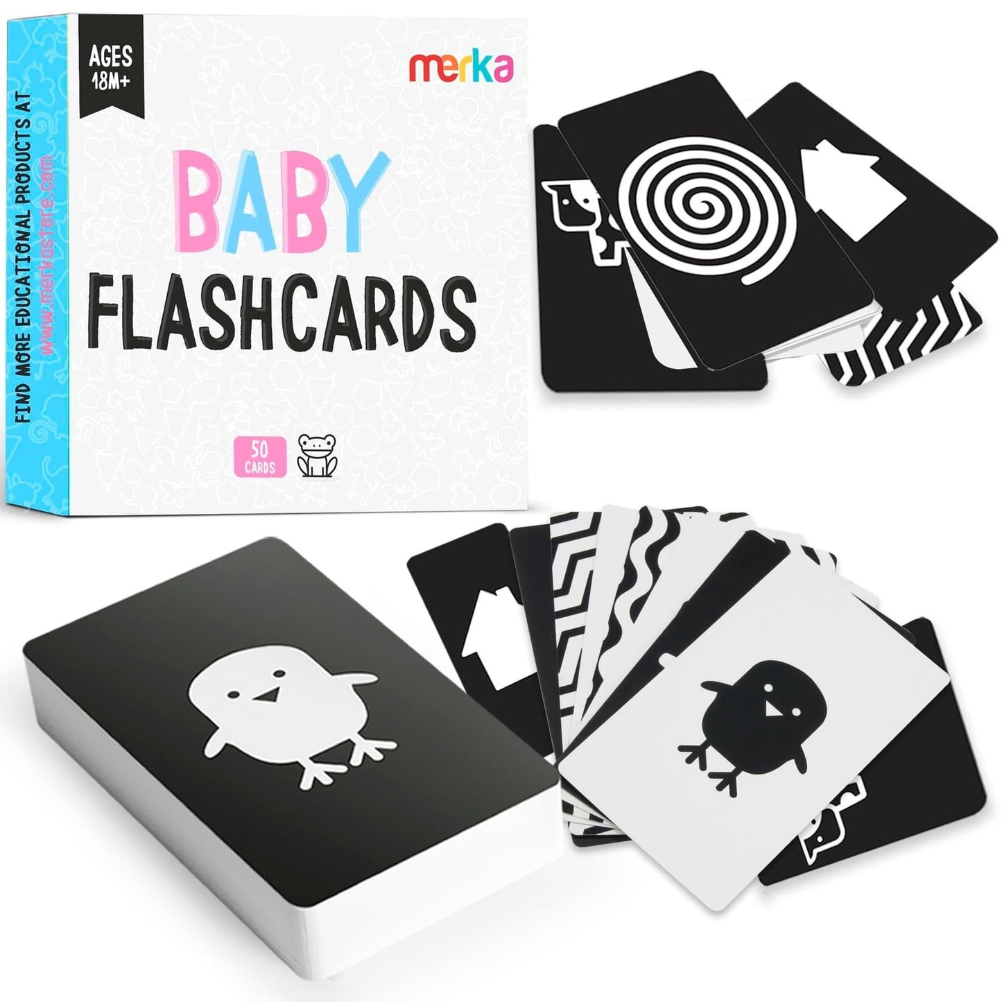 Merka Newborn Toys & Sensory Flash Cards for Babies - High Contrast Baby Cards - 50-Pack Paper, 2.4 in x 4.2 in, Black & White - Visual Stimulation & Brain Development for 0-3 Months