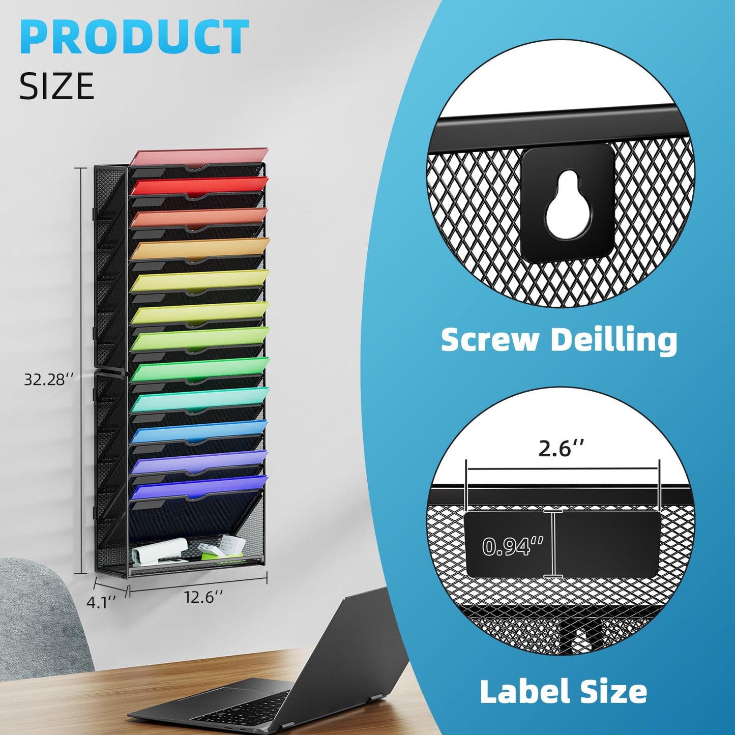 Marbrasse Wall File Holder 13-Tier Hanging Wall File Organizer, for Papers, Files Clipboard & Magazine Organizer, Wall Mount File Holder Great for Office Home (Black)