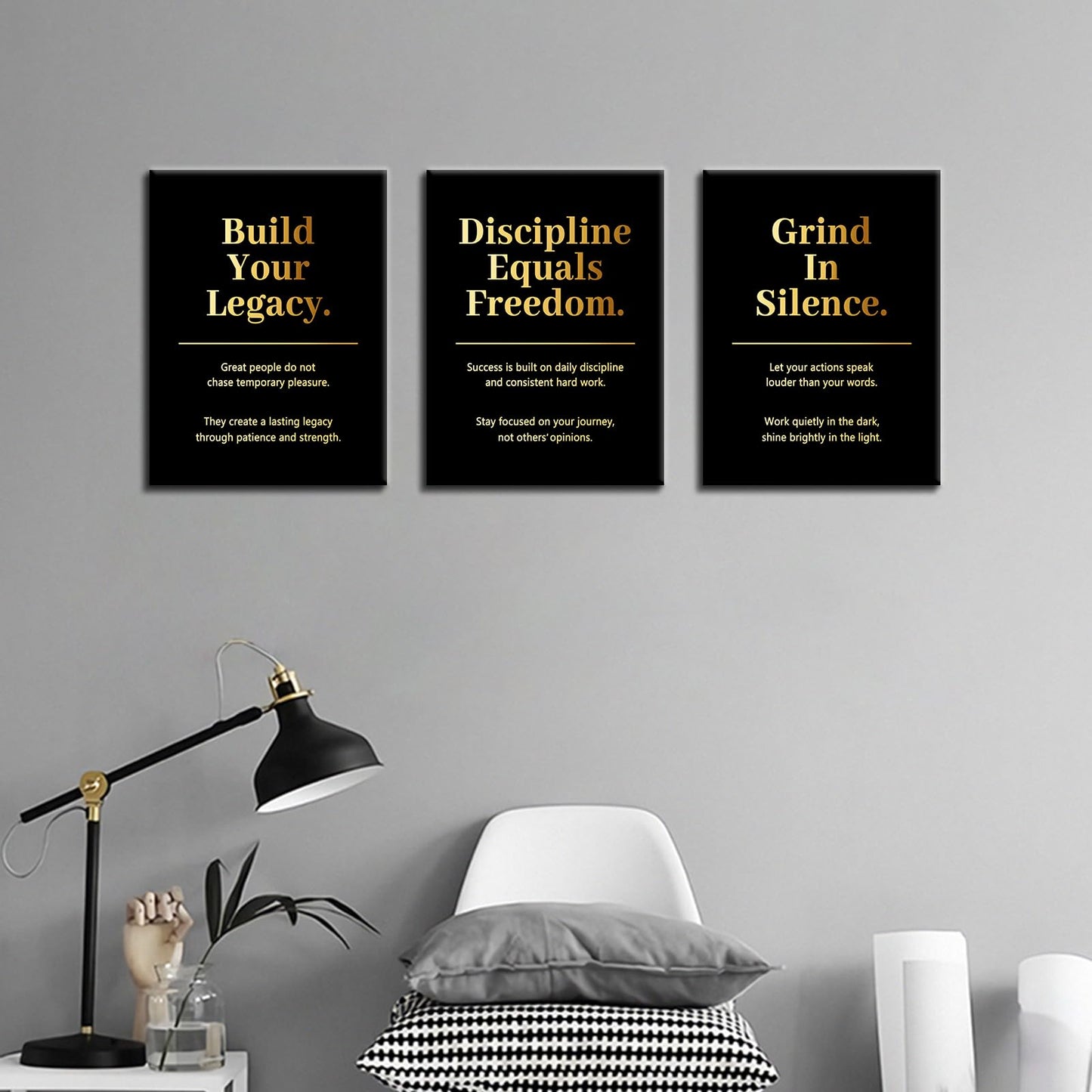 PSYYSP 3 Piece Canvas Wall Art Discipline Equals Freedom Posters, Black Gold Motivational Triptych Wall Decor for Office, Bedroom, Dorm, Study Room, Framed Canvas 36x16inch